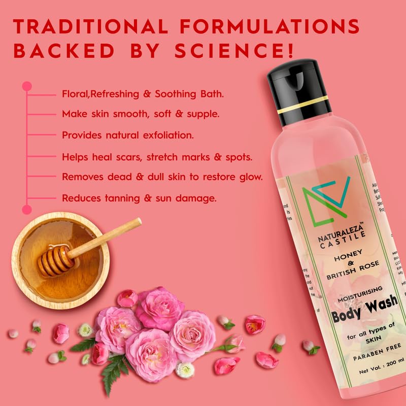 NATURALEZA CASTILE Honey & British Rose Moisturizing Body Wash - 200ml Shower Gel for Soft, Smooth Skin - Women & Men - Perfect for Daily Hydration & Relaxing Bath Time