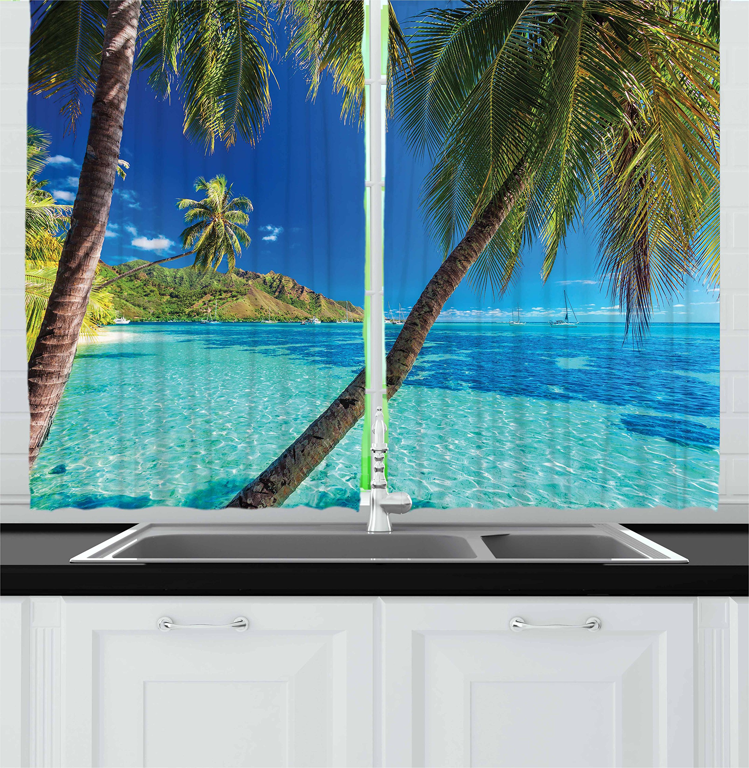 Ambesonne Tropical Island Kitchen Curtains - 2 Panel Set with Palm Trees & Clear Sea Beach Print, 55