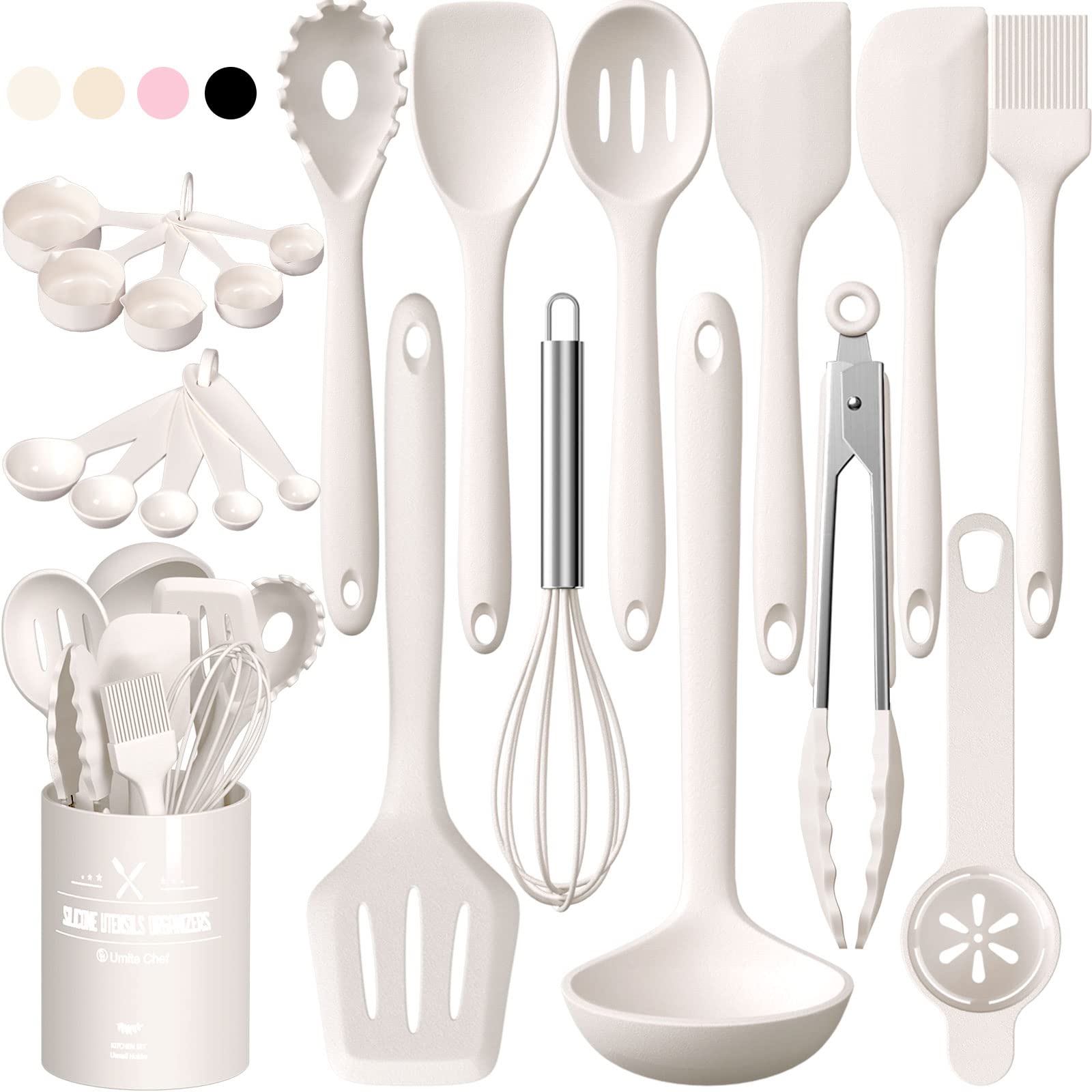 Umite Chef 22-Piece Silicone Kitchen Utensil Set - Heat Resistant Cooking Tools with Holder for Nonstick Cookware - Dishwasher Safe Spatulas, Spoons & Gadgets - Perfect for Baking, Grilling & Everyday Cooking (White)