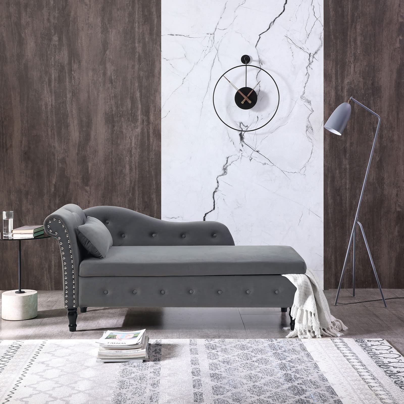 Anwick Modern Tufted Fabric Chaise Lounge Chair - Upholstered Recliner with Storage for Living Room & Bedroom | Sleeper Sofa in Grey | Perfect for Small Spaces, Home Theater & Reading Nook
