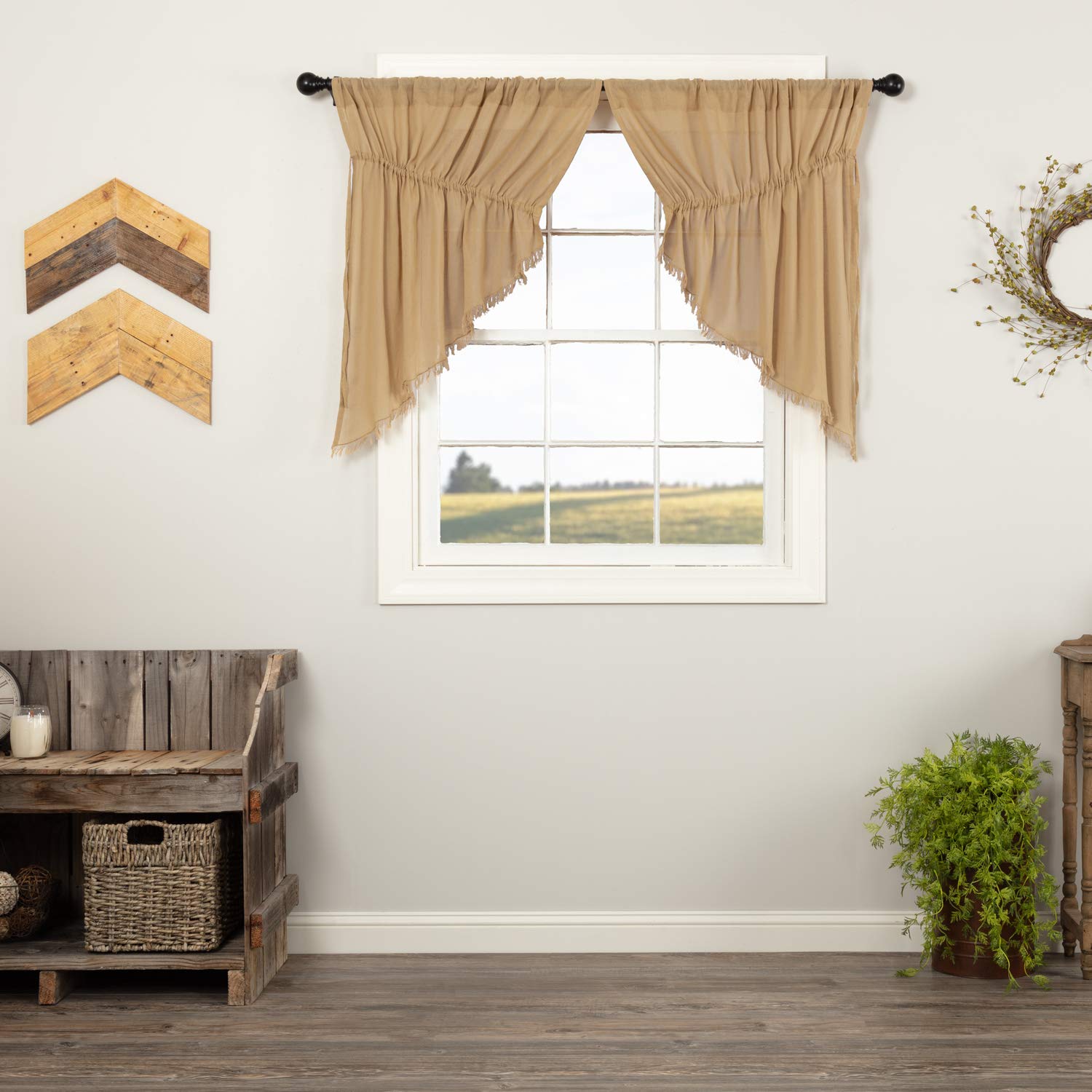 VHC Brands Primitive Farmhouse Kitchen Window Curtains - Tobacco Cloth Tan Fringed Prairie Swag Pair, King Size, Khaki - Perfect for Rustic Home Decor & Country Style Kitchens