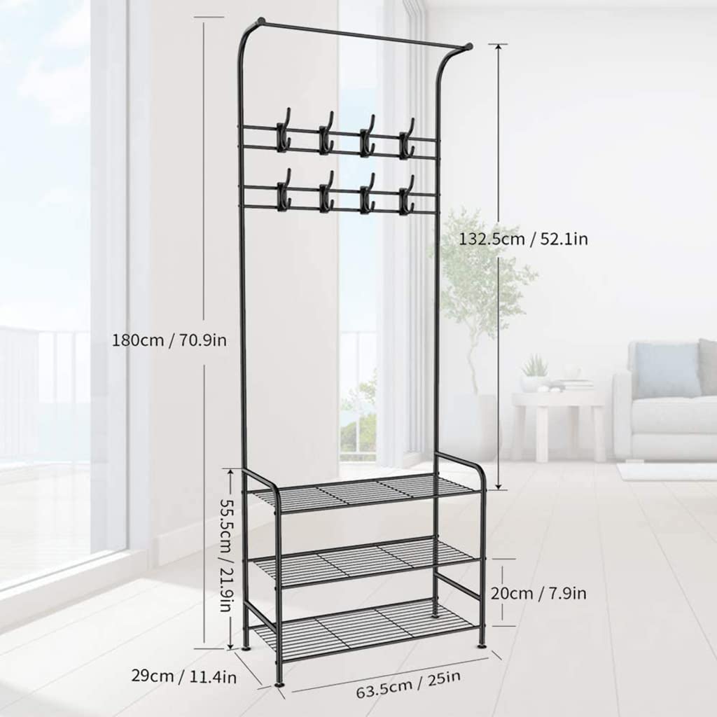 8-Hook Floor Standing Coat Rack - 3-in-1 Design for Jackets, Bags & Winter Scarves | Easy Assembly (63.5×29×180cm) | Perfect for Entryway, Bedroom & Closet Organization