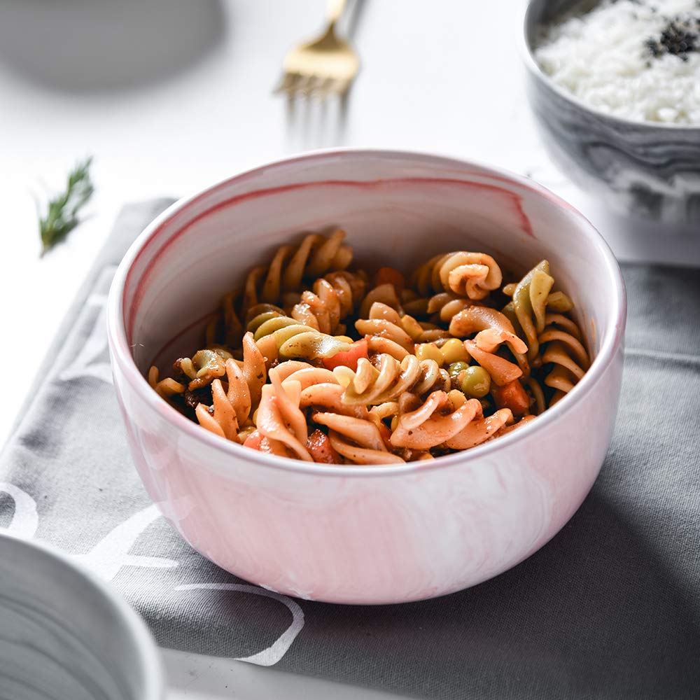 Yundu 14oz Pink Marble Porcelain Bowls Set of 6 - Microwave & Dishwasher Safe - Perfect for Ice Cream, Dessert, Cereal, Soup & Salad - Elegant Serving Bowls for Parties, Daily Use & Home Decor