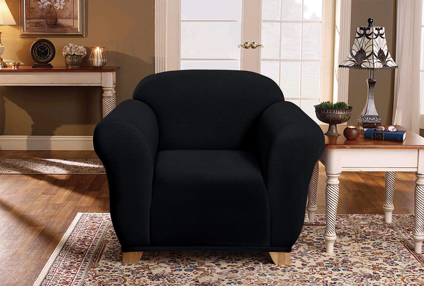 Kashi Home Milan Jacquard Stretch Slipcover for Couch & Armchair - Soft Non-Slip Furniture Protector in Black | Perfect for Living Room Sofa Protection & Home Decor
