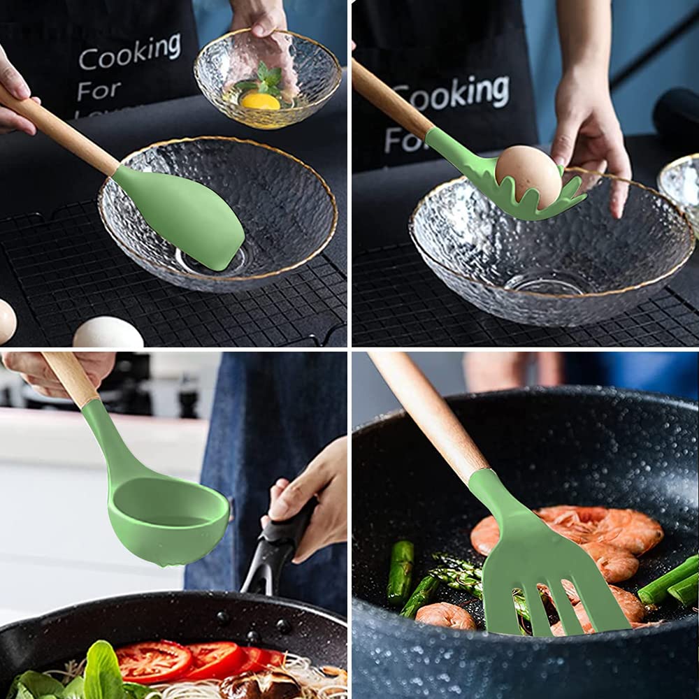 MYKUJA 13-Piece Green Silicone Cooking Utensil Set - Heat Resistant, Non-Stick Kitchen Tools with Holder - Perfect for Baking, Frying & Cooking - Avocado Green Kitchen Decor & Gadgets
