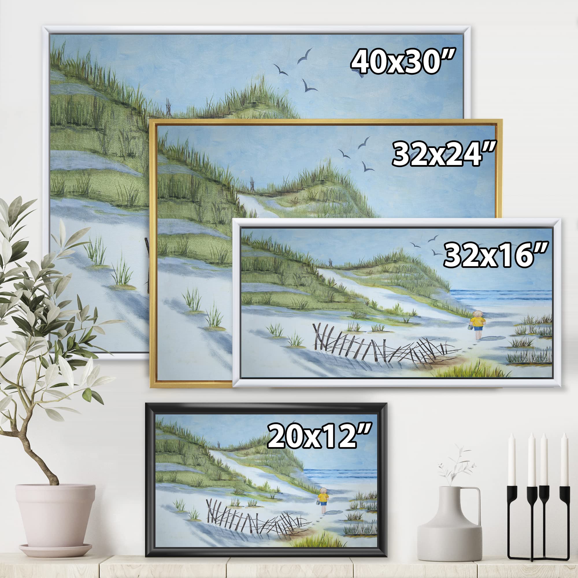 DesignQ Nautical & Coastal Framed Canvas Wall Art Print - Beach Walking Child Painting for Nursery, Kids Room & Coastal Home Decor