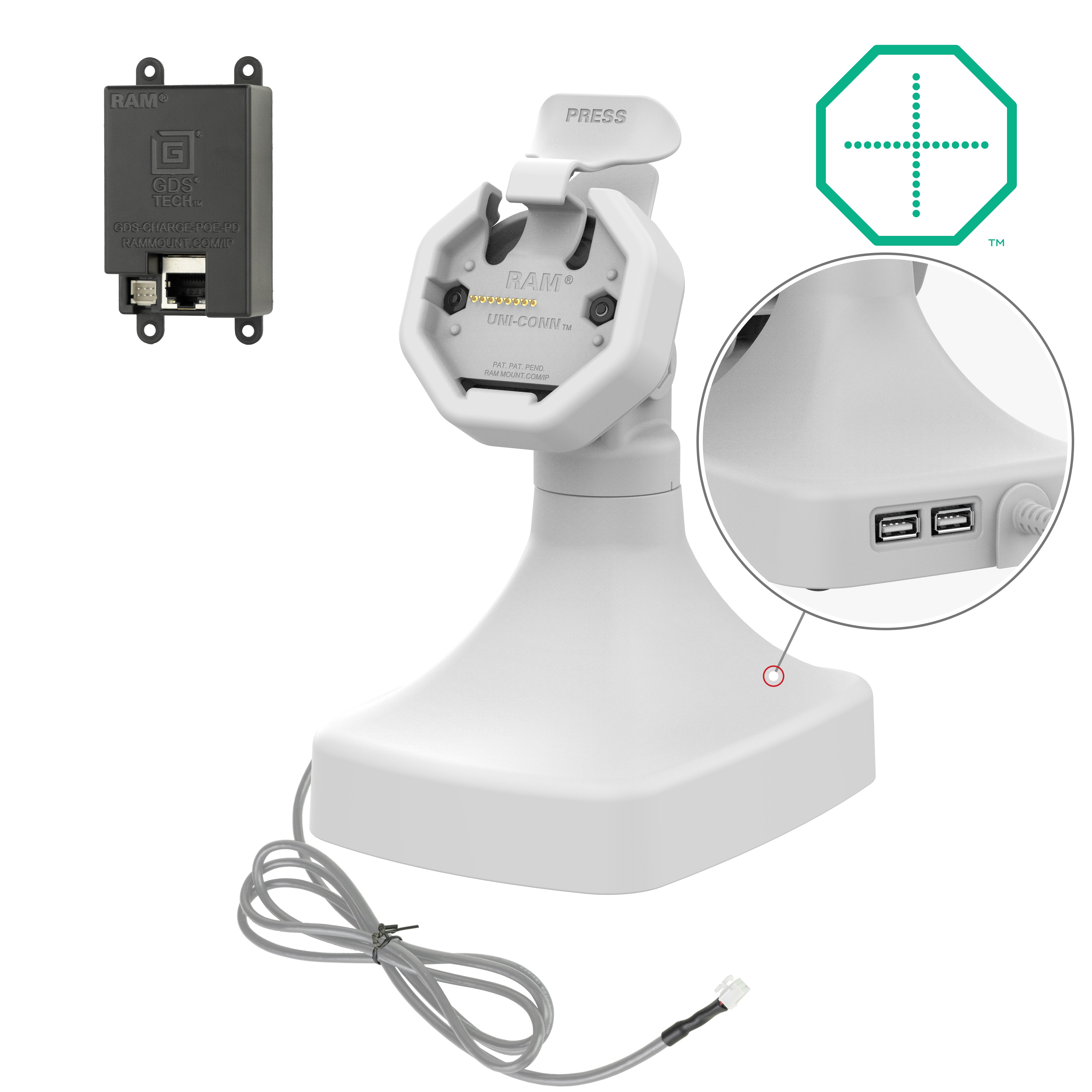 GDS® Uni Conn™ Powered Tilt & Swivel Dock with PoE + Data - Gray (RAM GDS DOCK D14 U3E 2A GRY) - Perfect for Office Workstations, Conference Rooms & Home Office Setups
