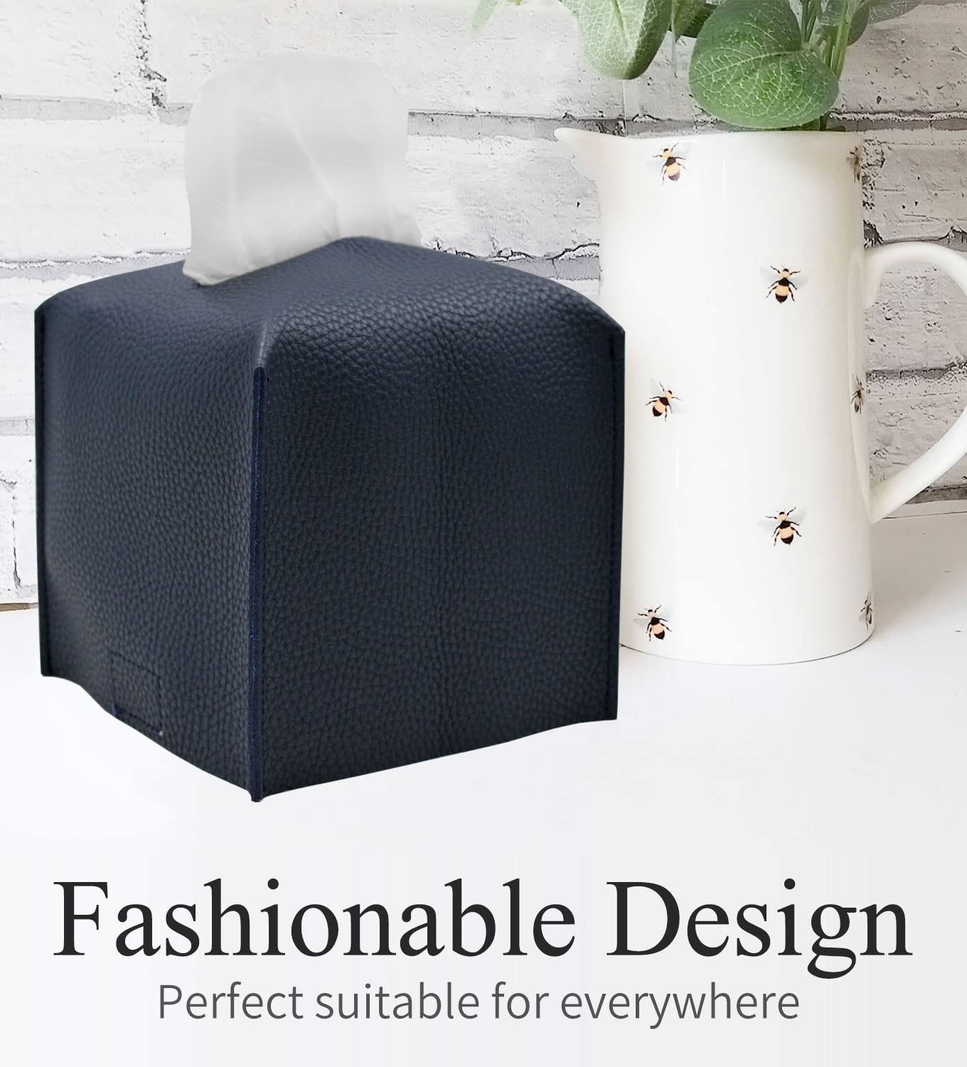 Livelab Square PU Leather Tissue Box Cover - Modern Decorative Tissue Holder for Bathroom, Vanity, Nightstand & Desk (5x5x5 Inches, Navy Blue) | Perfect for Home, Office & Gift Giving