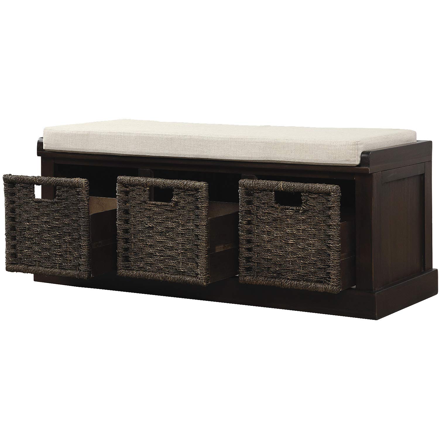 Rustic Wood Entryway Storage Bench with Removable Cushion & 3 Classic Rattan Baskets - Espresso Finish for Hallway, Living Room & Bedroom | Perfect for Organizing Shoes, Coats & Home Decor