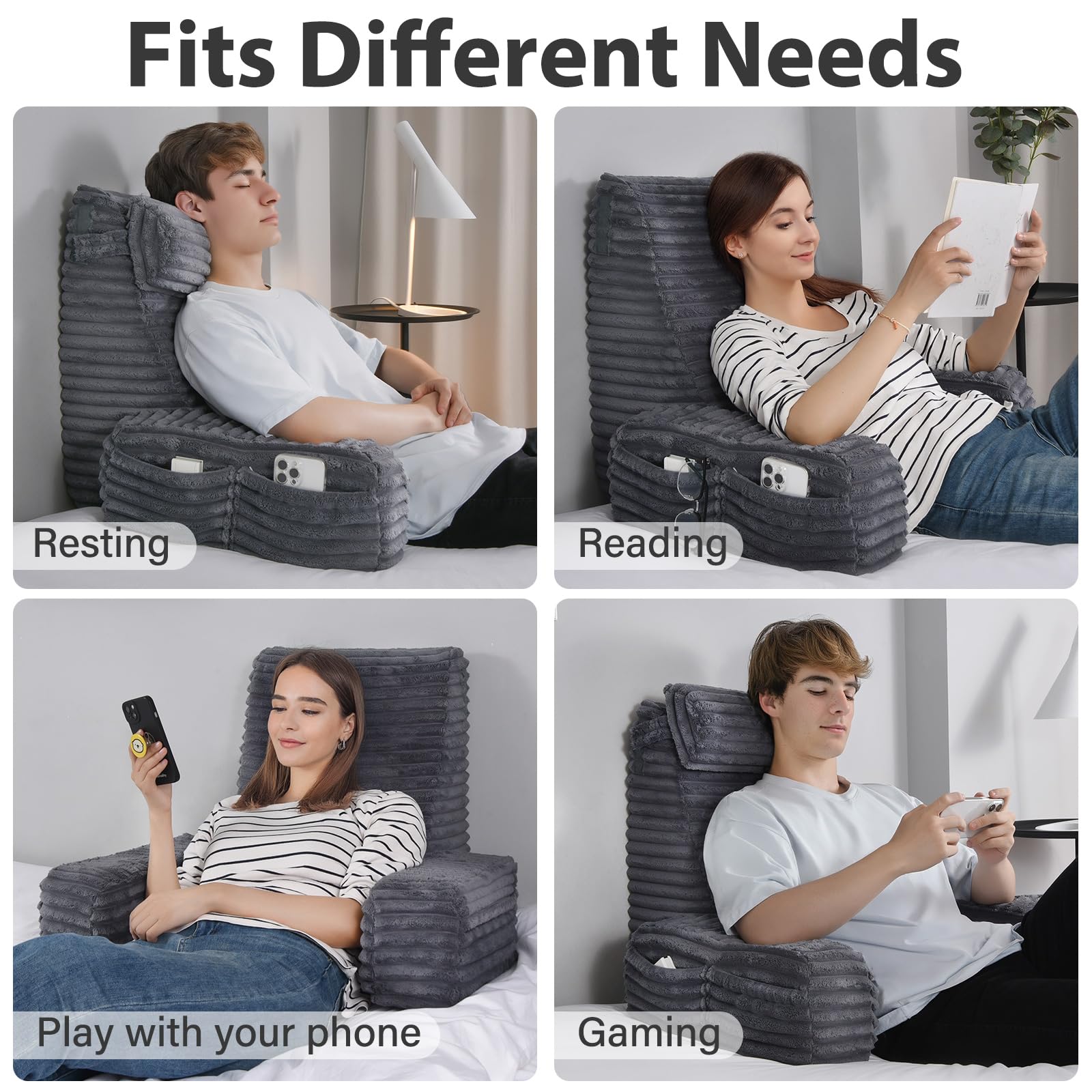 ENITYA XL Reading Pillow for Adults - Back Support Cushion for Sitting in Bed, Watching TV, Gaming, Reading & Post-Surgery Recovery - Dark Grey - Perfect for Relaxation, Comfort & Pain Relief