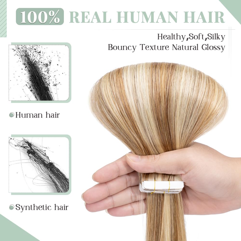 20pcs Tape in Hair Extensions 22 Inch - 100% Remy Human Hair, Double Sided, Seamless Straight, Balayage Golden Brown Highlighted Bleach Blonde (#12P613) - Perfect for Parties, Weddings & Daily Styling