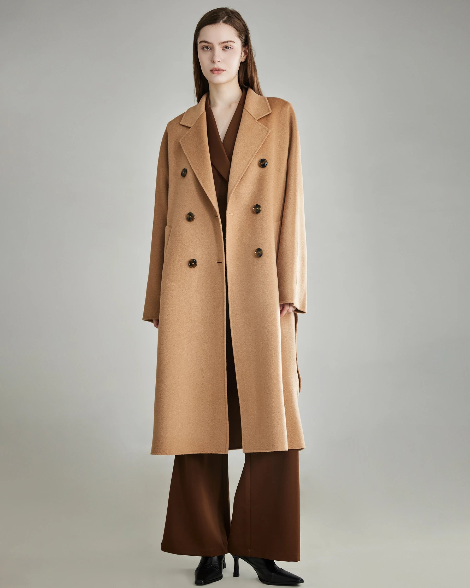 Double Breasted Belted Wool Coat for Women - Classic Winter Trench Coat with Belt - Warm & Stylish Outerwear for Office, Travel & Formal Occasions