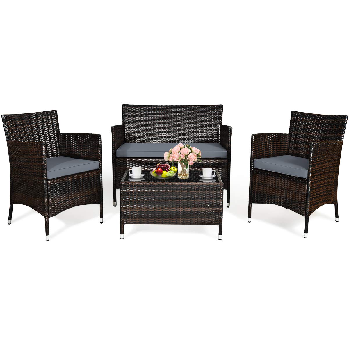 Tangkula 4-Piece Patio Rattan Conversation Set with Tempered Glass Coffee Table & Thick Cushions - Outdoor Wicker Furniture for Garden, Lawn, Poolside & Backyard (Gray) - Perfect for Relaxing, Entertaining & Outdoor Dining