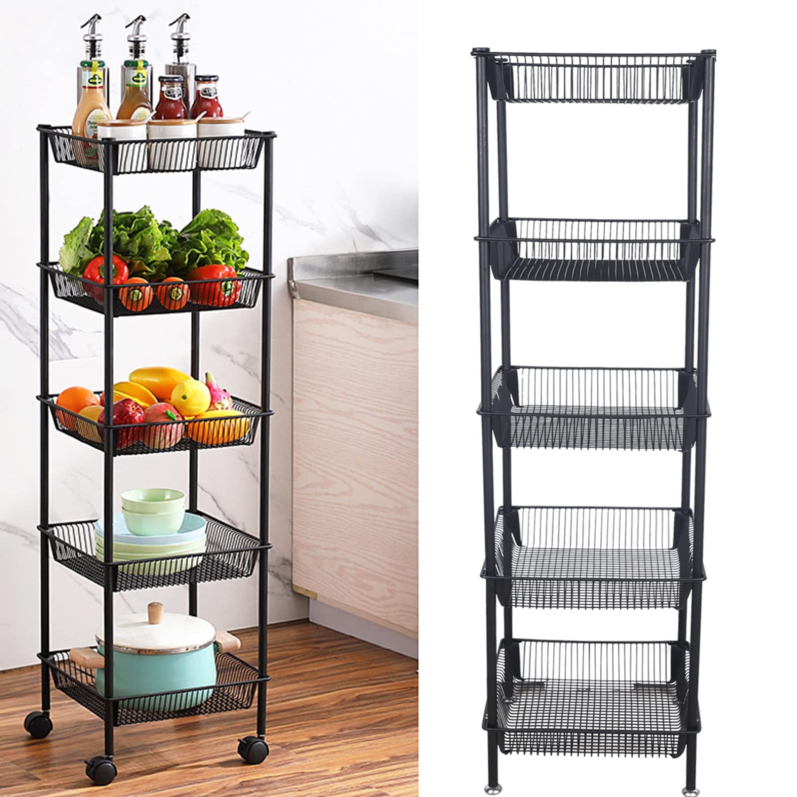 Metal Rolling Storage Cart with Lockable Wheels - Freestanding Kitchen Organizer for Fruits, Vegetables & More - Multifunctional Black Storage Shelf for Home, Office & Pantry Use