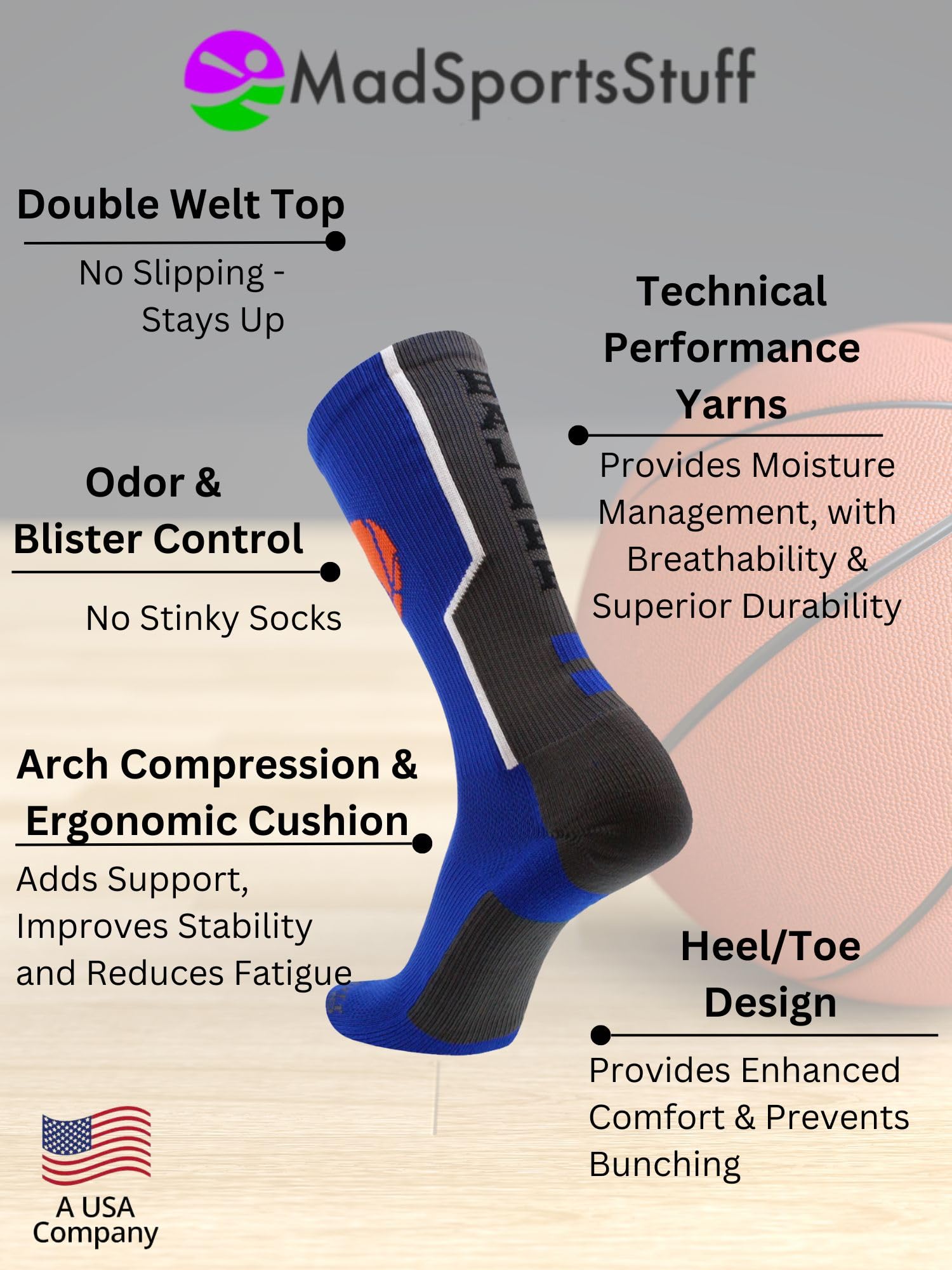 Basketball Crew Socks with Logo - High Performance Sports Socks for Men & Women - Perfect for Basketball Games, Training & Gym Workouts