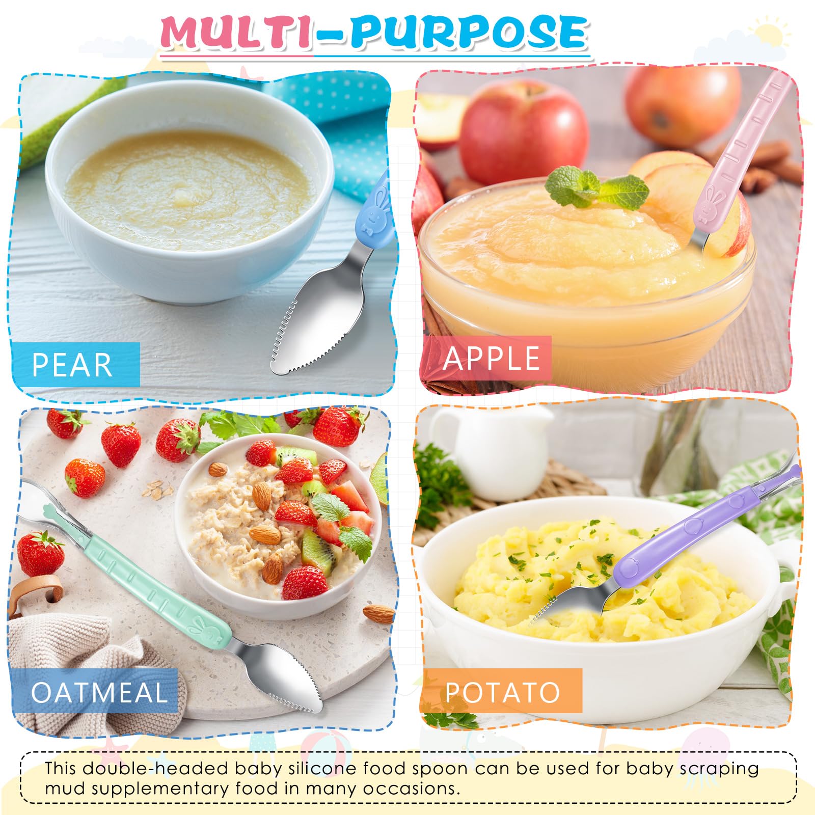 Lallisa 4-Piece Double-Headed Baby Silicone Spoon Set - Soft Infant Feeding Spoon & Fruit Scraper for Puree, Baby Food & Mashed Fruits - BPA-Free, Dishwasher Safe (Multicolor) - Perfect for Weaning, Travel & Mess-Free Feeding