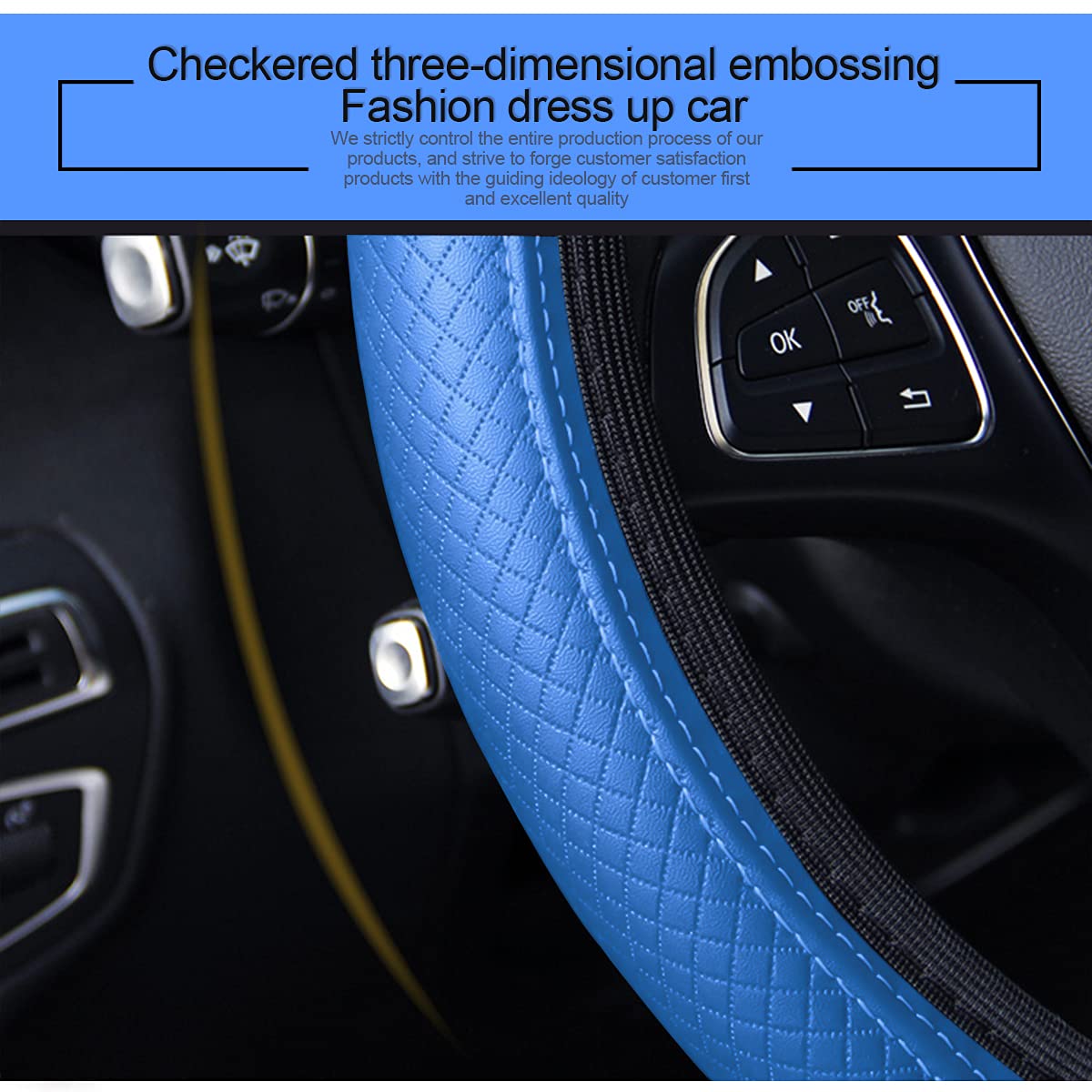 Premium Leather Car Steering Wheel Cover - Elastic, Breathable & Anti-Slip Universal 15 Inch - Comfort Grip for Men & Women (Blue) - Perfect for Daily Commute, Road Trips & Hot Weather Driving