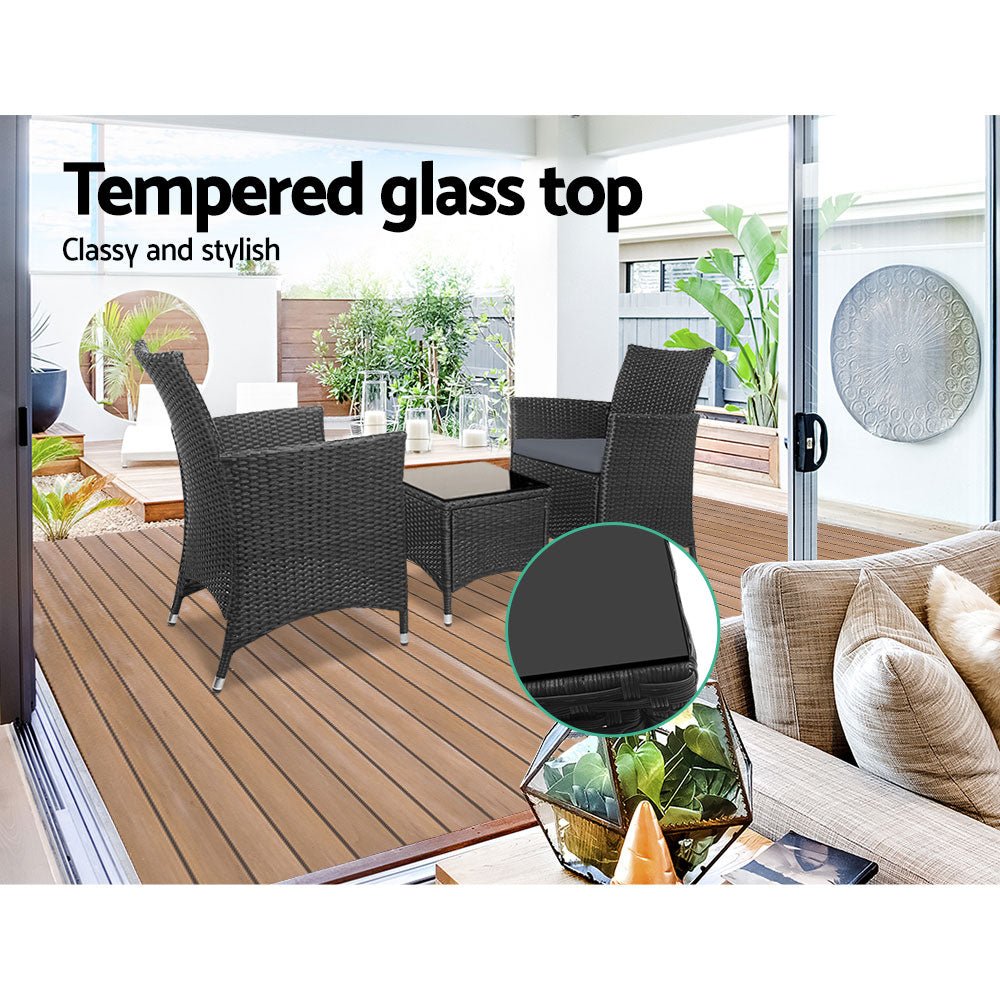 3-Piece Outdoor Bistro Set - All Black Wicker Patio Furniture with Cushions - Perfect for Garden, Balcony & Backyard Dining
