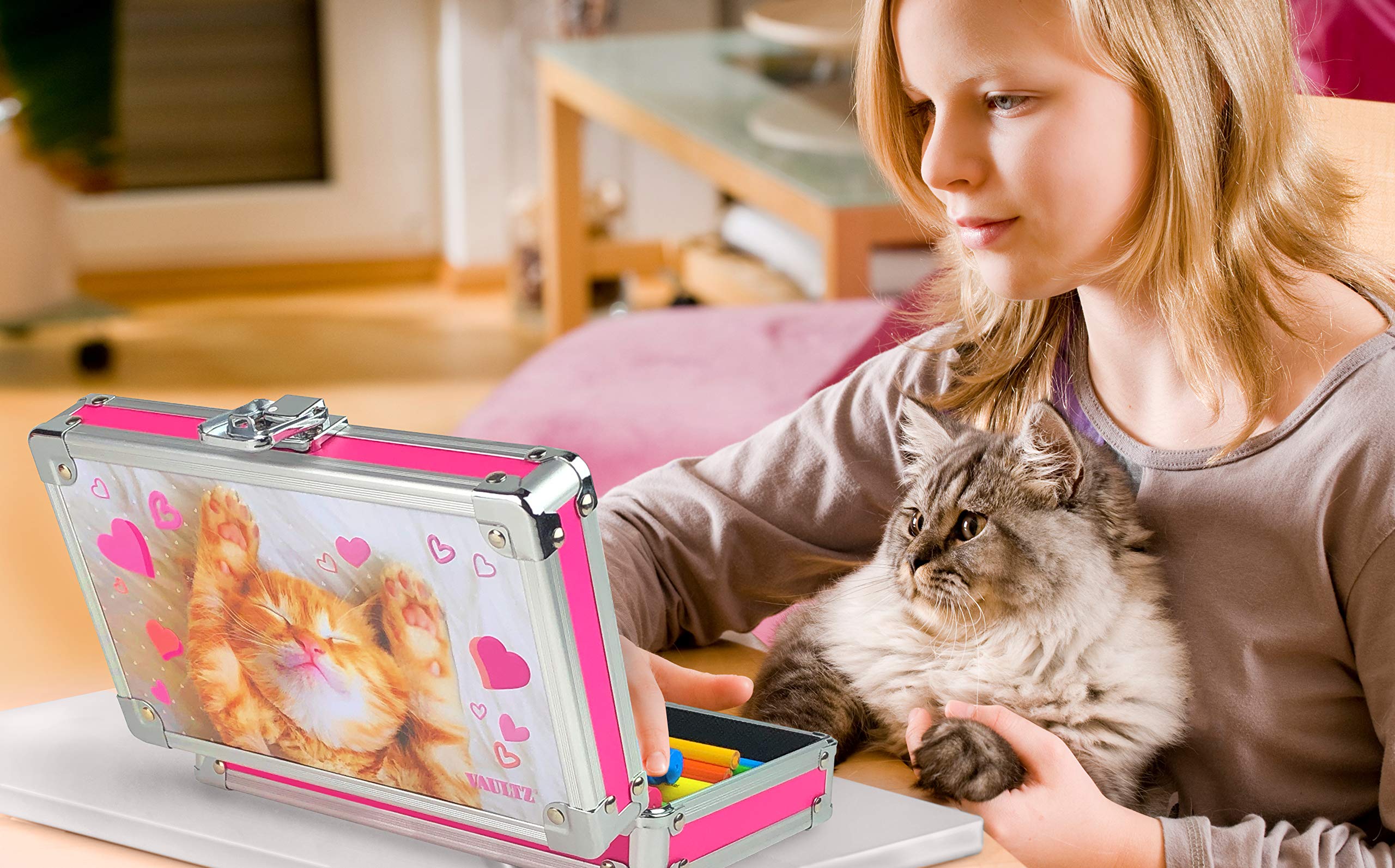 Vaultz Small Lock Box - 8.5 x 5 x 2.5 Inch Mini Safe with Key Lock for School Supplies, Money, Medicine & Valuables - Cute Love Kitten Design - Perfect for Home, Office, Dorm & Travel Security