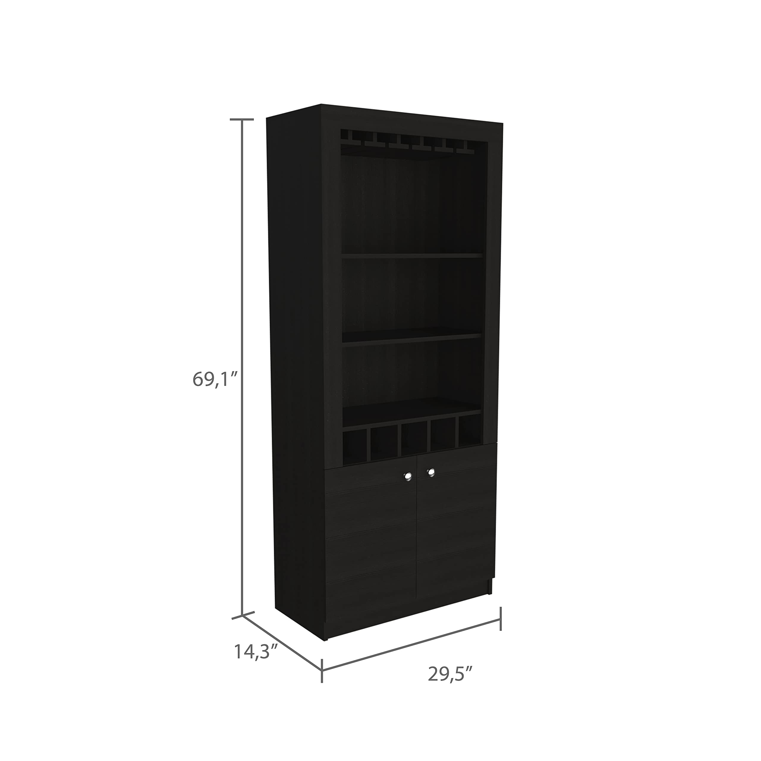 Modern Black Bar Cabinet with 10-Glass Wine Rack & 5-Bottle Storage - Double Door Cabinet with 3 Open Shelves for Home Bar, Dining Room or Entertainment Area - Elegant Wine Storage Furniture for Parties & Gatherings