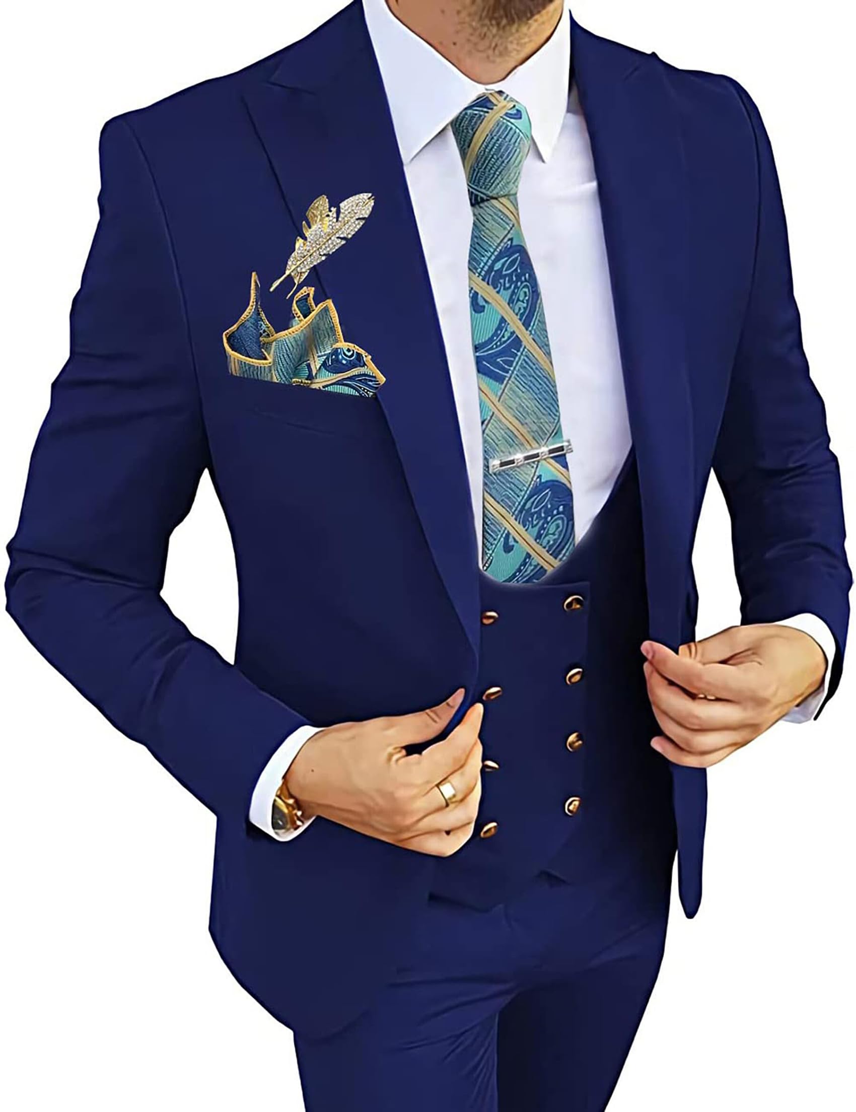 Premium Men's 3-Piece Slim Fit Tuxedo Suit Set with Gold Buttons - Formal Blazer, Vest & Pants for Wedding, Prom, Gala & Business Events | Elegant Evening Wear for Special Occasions