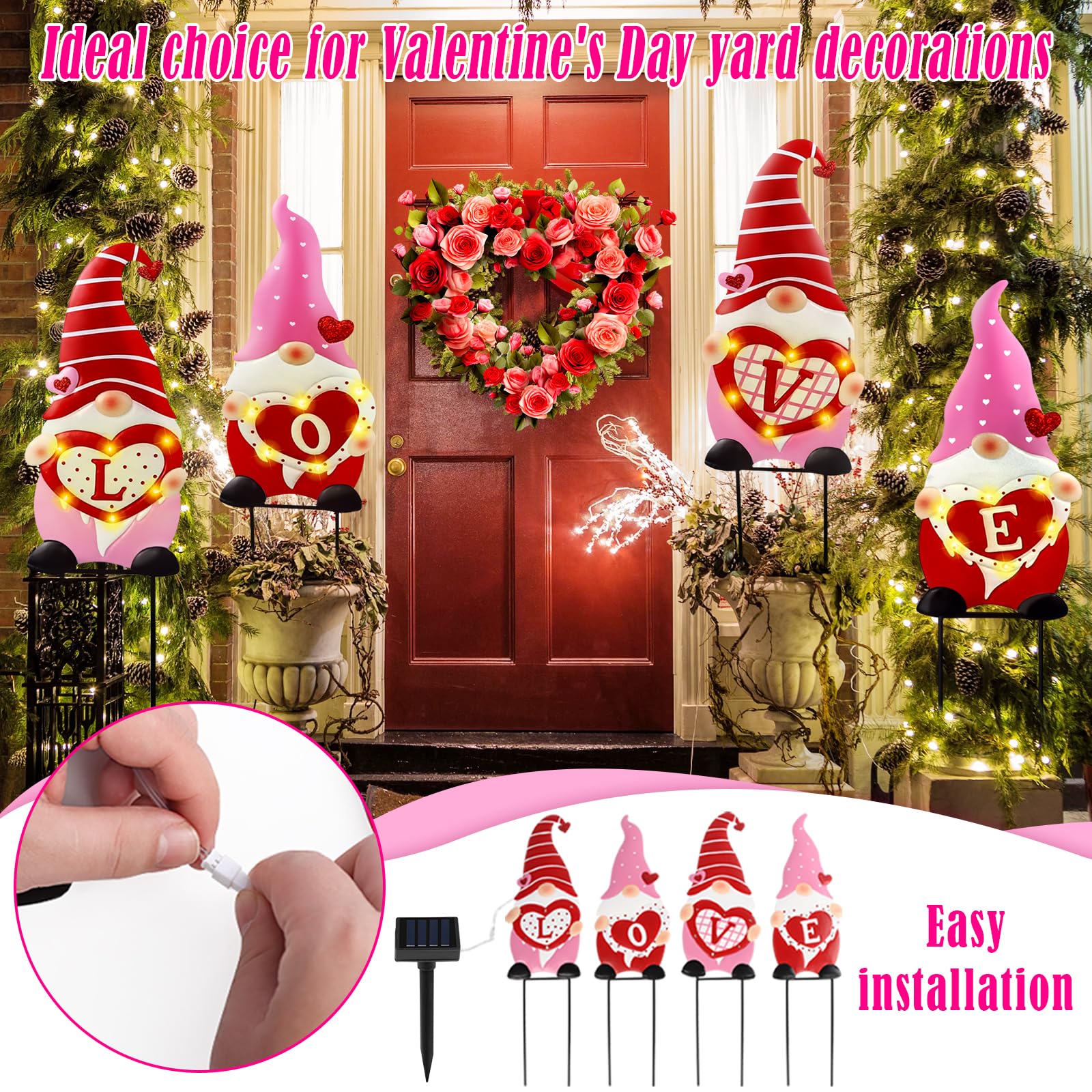 4 Pack Solar-Powered Valentine's Day Gnome Yard Stakes - 25