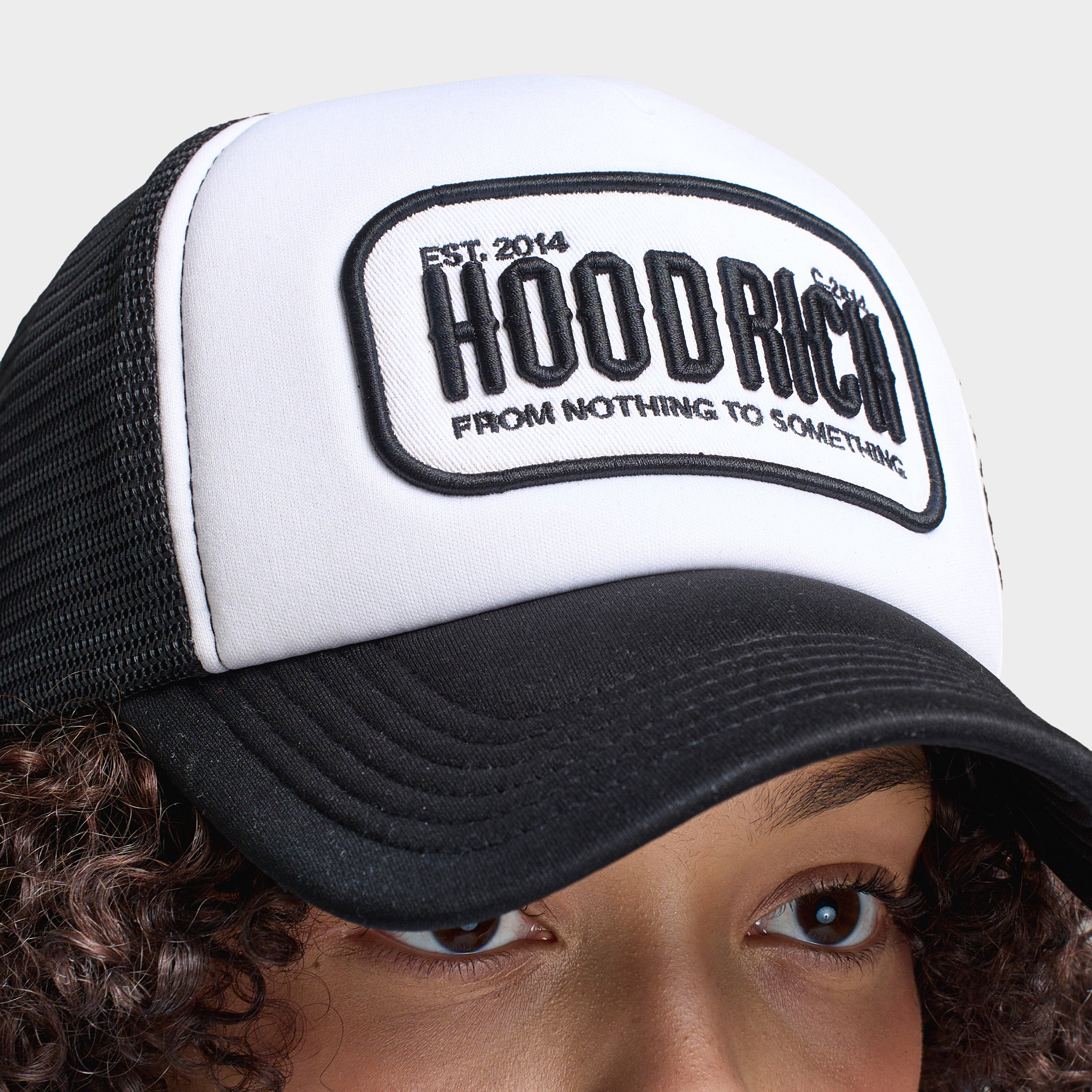 Hoodrich Stamp 5 Panel Trucker Hat - White & Black Adjustable Snapback Cap for Men & Women | Perfect for Streetwear, Hip Hop Fashion & Outdoor Activities