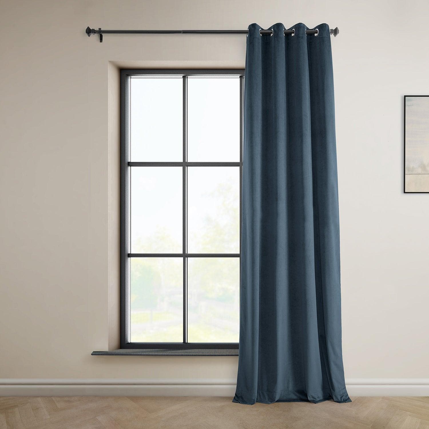 London Blue Grommet Heritage Plush Velvet Blackout Curtains for Bedroom - Thermal Insulated Window Drapes for Living Room & Nursery