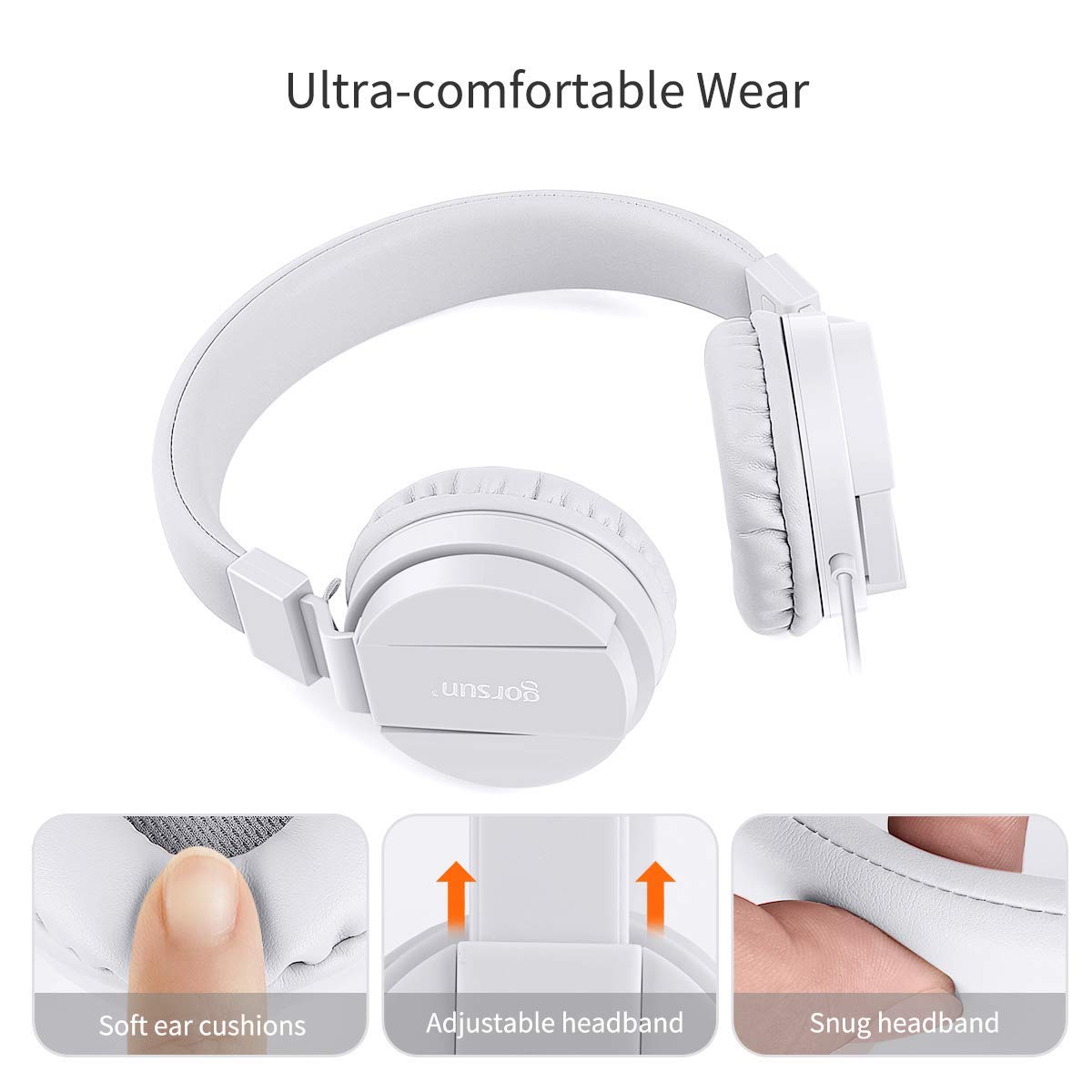 Gorsun Kids Headphones - Lightweight Wired Headset for Toddlers, Adjustable for Smartphones & Tablets - Perfect for Learning & Travel (White)