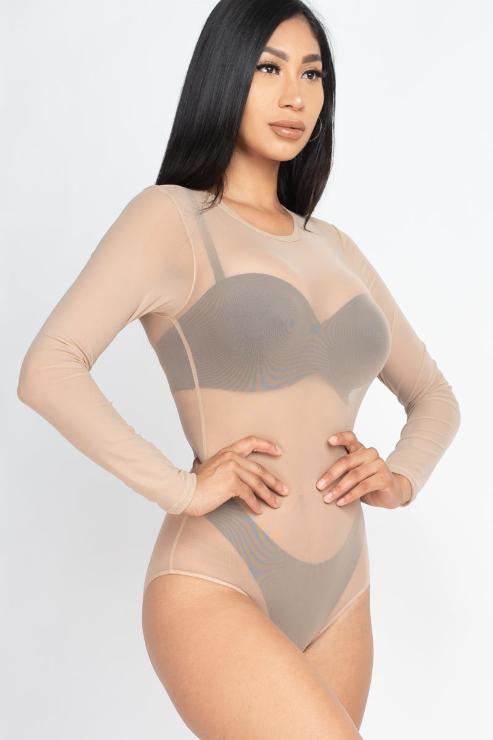 Sexy Sheer Mesh Long Sleeve Bodysuit for Women - Stretchy Lingerie Bodysuit with Thong Bottom - Perfect for Date Night, Club Wear & Boudoir Photography