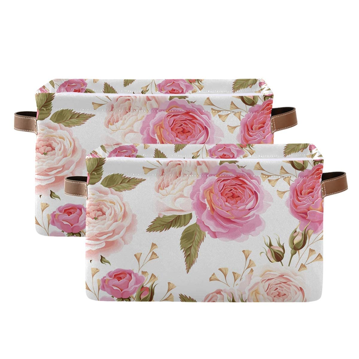 Pink Rose Floral Foldable Storage Bin - Large Collapsible Fabric Storage Box with Leather Handles (2-Pack) | Home Organization for Bedroom, Nursery, Office & Shelves | Space-Saving Storage Solution for Clothes, Toys & Home Decor