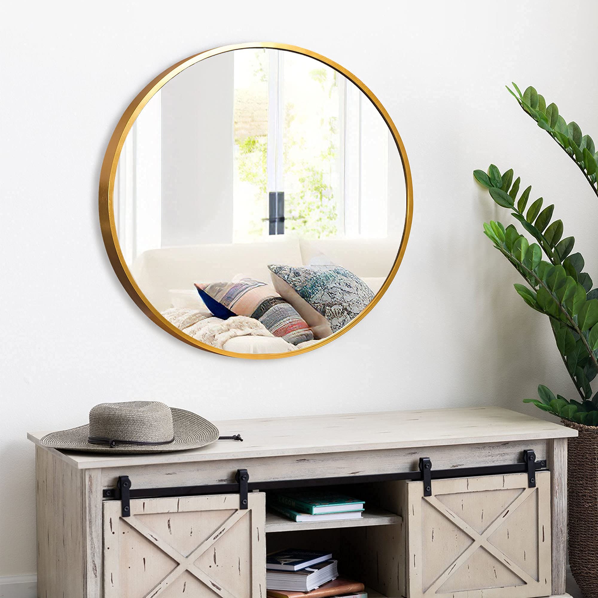 KIAYACI 32 Inch Round Wall Mirror - Large Circle Bathroom & Living Room Mirror with Aluminum Alloy Frame, Shatterproof Glass (Gold) - Perfect for Home Decor, Vanity, and Entryway
