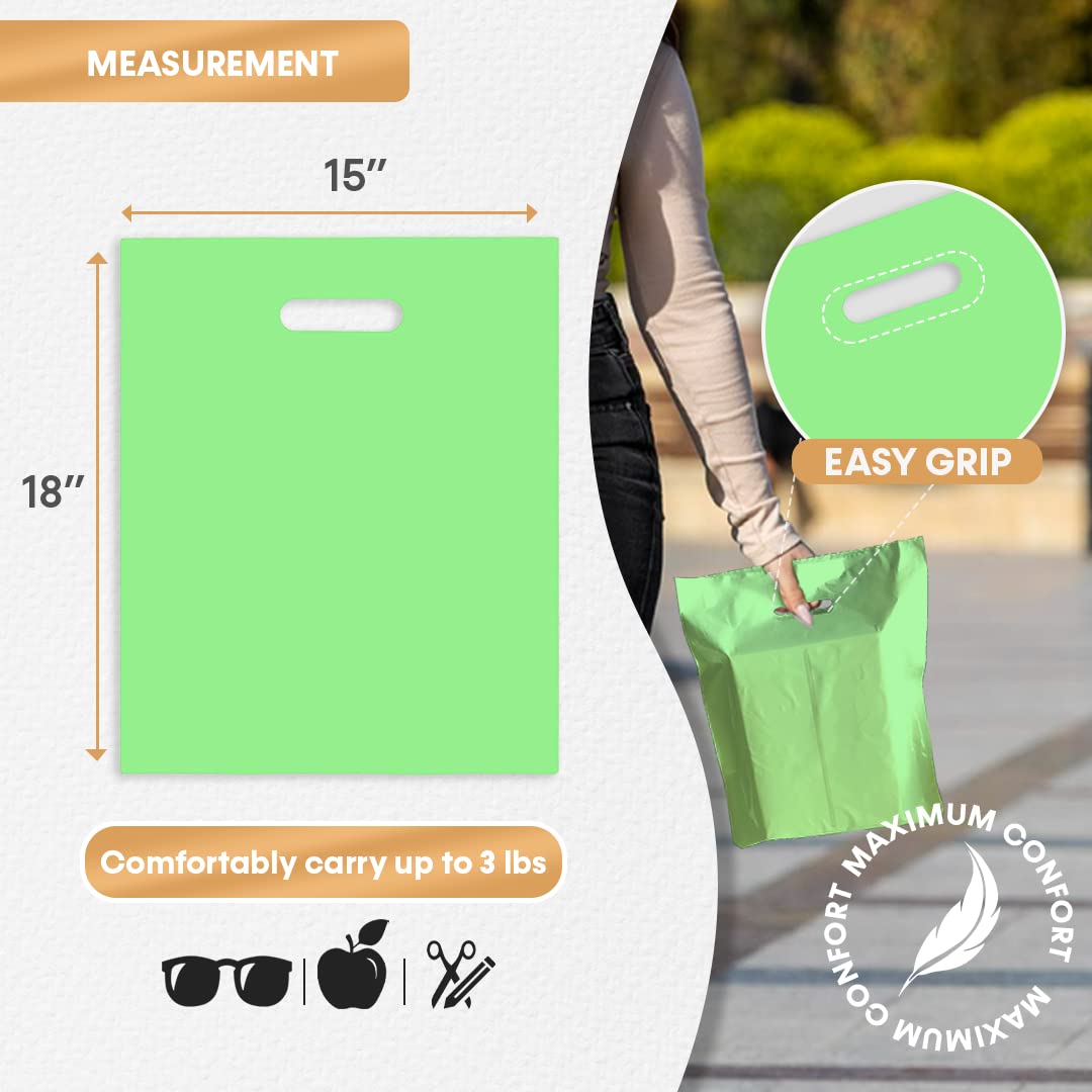 100 Green 15x18 Merchandise Bags with Die-Cut Handles & Gusset - Strong, Durable & Tear-Resistant Shopping Bags for Retail Stores, Boutiques & Events - Perfect for Gift Packaging, Promotional Giveaways & Trade Shows