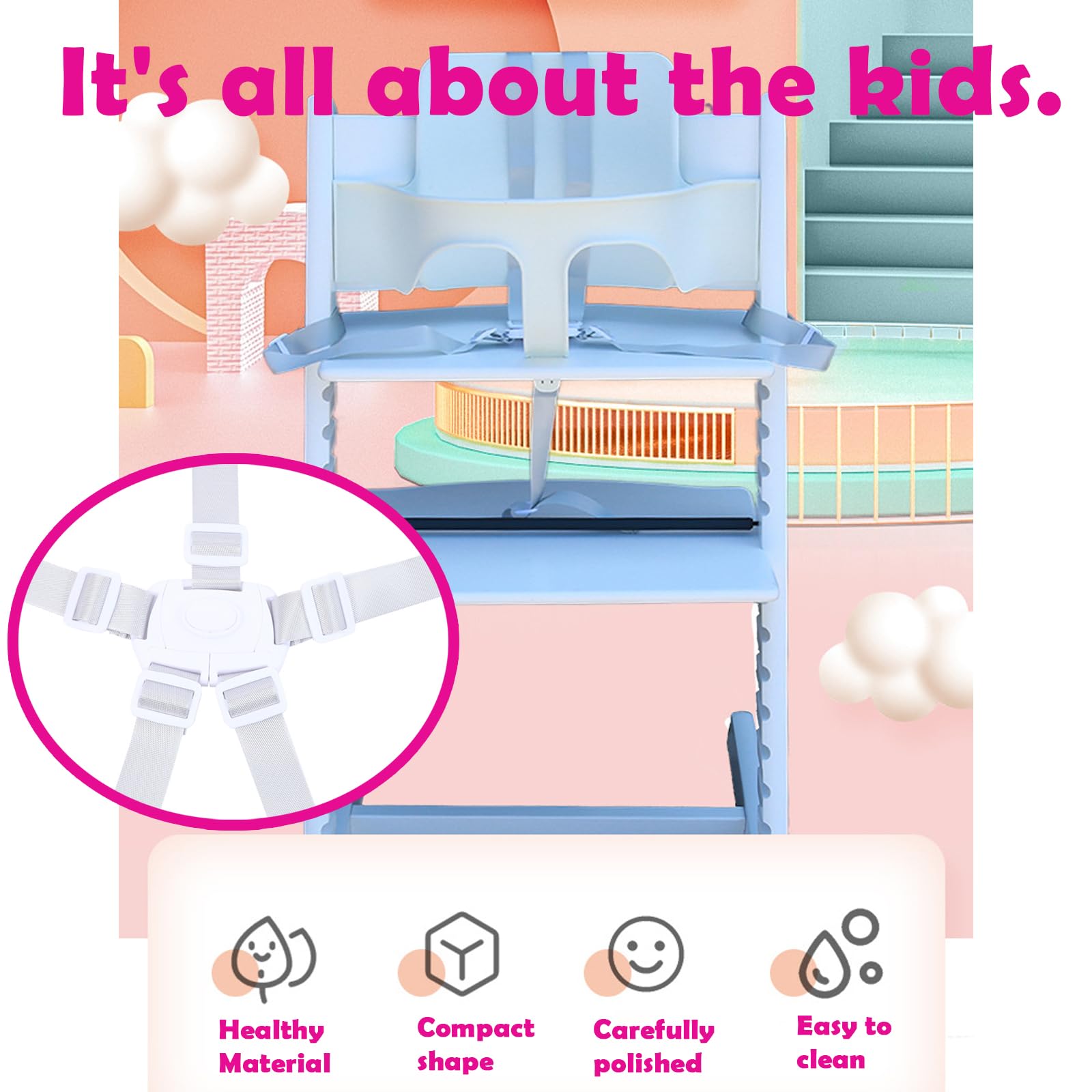 5-Point Safety Harness for Baby Stroller, Adjustable High Chair Strap - Child Car Seat Belt with Shoulder Straps (White) | Secure Infant Protection for Pushchair, Pram & Shopping Cart