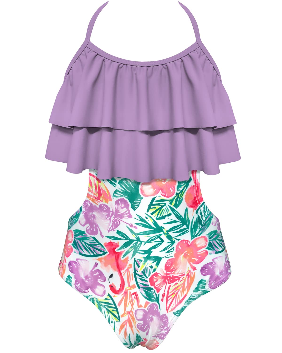 **SHEKINI Girls' Halter One Piece Swimsuit - Hawaiian Floral Print, Flounce Ruffle & Cutout Design - Perfect for Beach, Pool & Summer Vacations**