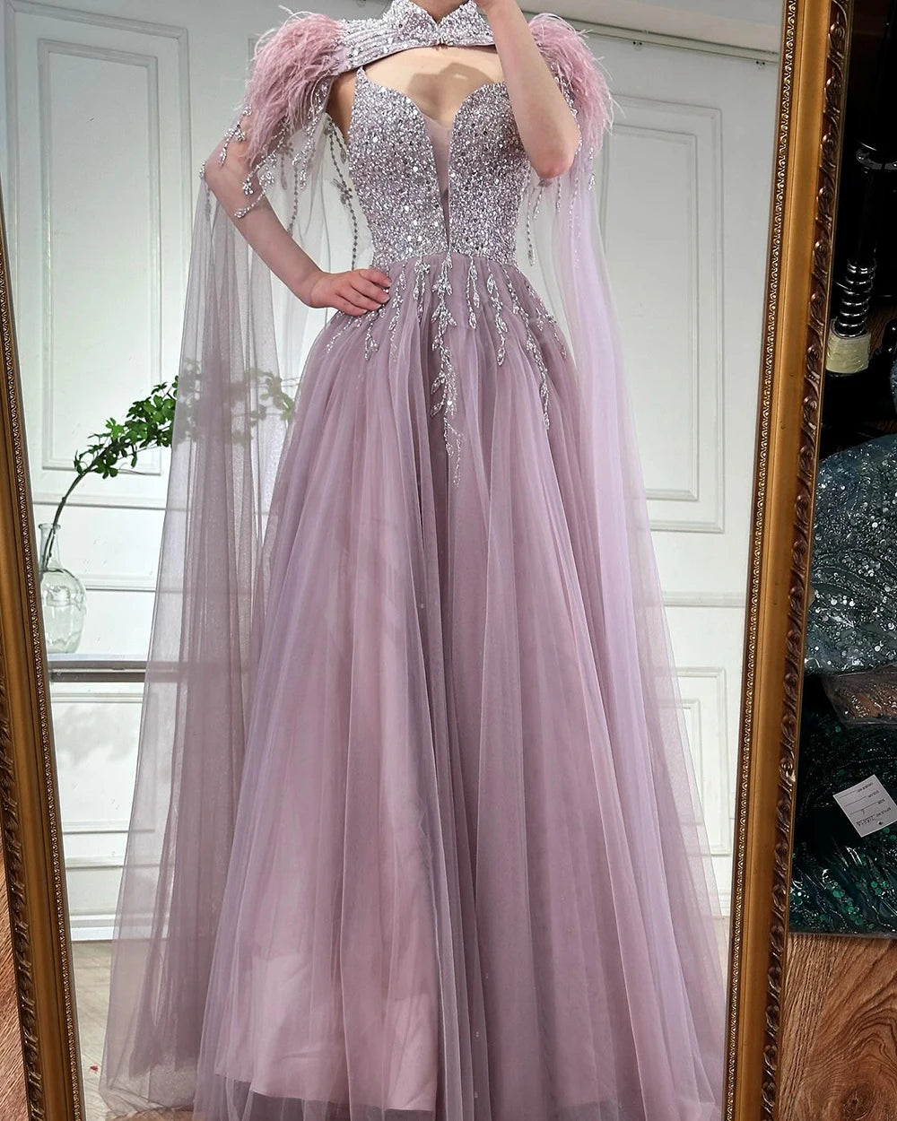 Luxury Dubai Arabic Beige A-Line Feather Cape Beaded Saudi Evening Gown for Formal Occasions - Elegant Wedding, Gala & Red Carpet Dresses LA72722