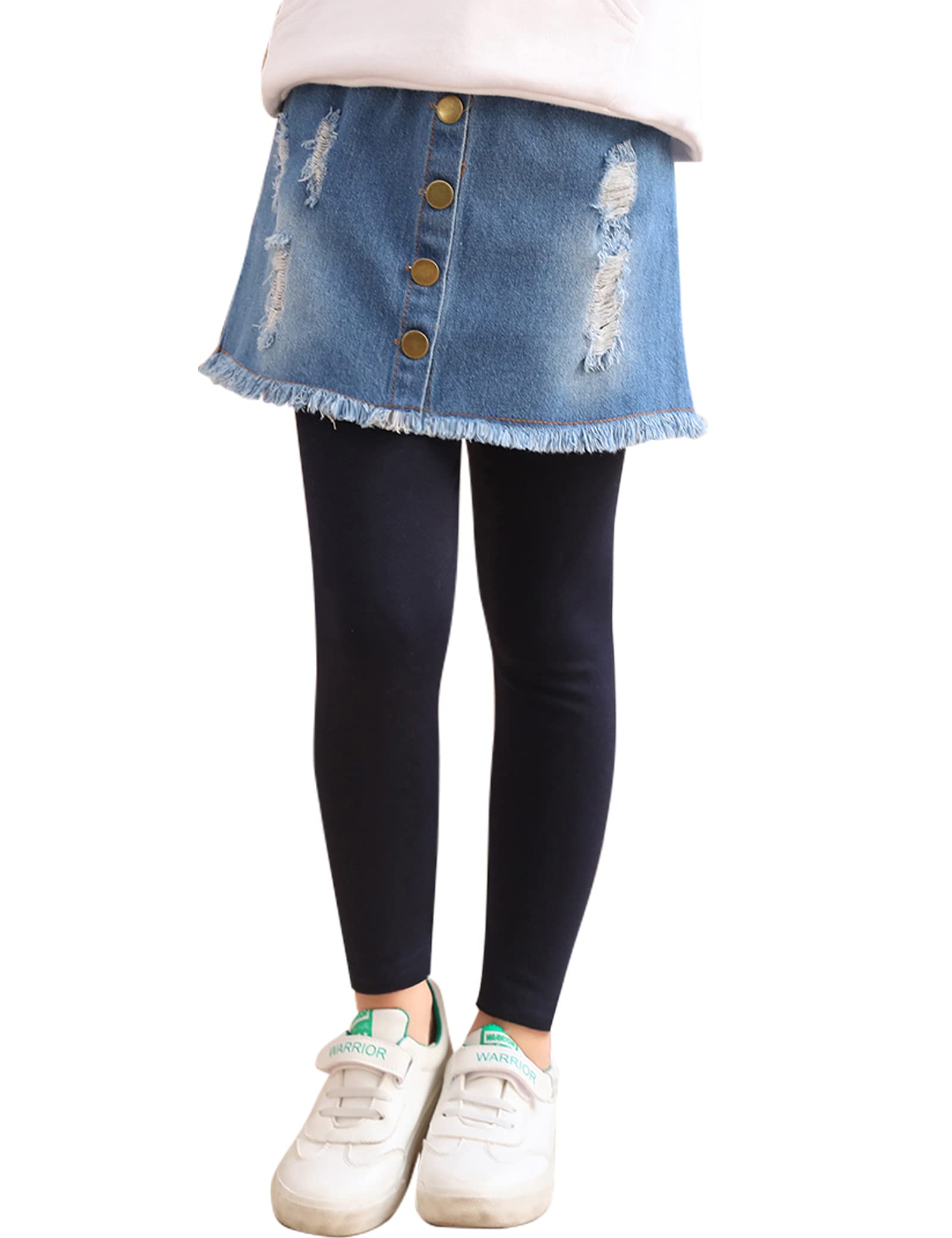 Kiench Girls' Denim Skirt Leggings - Soft Stretchy Footless Tights with Attached Skirt for School, Play & Everyday Wear