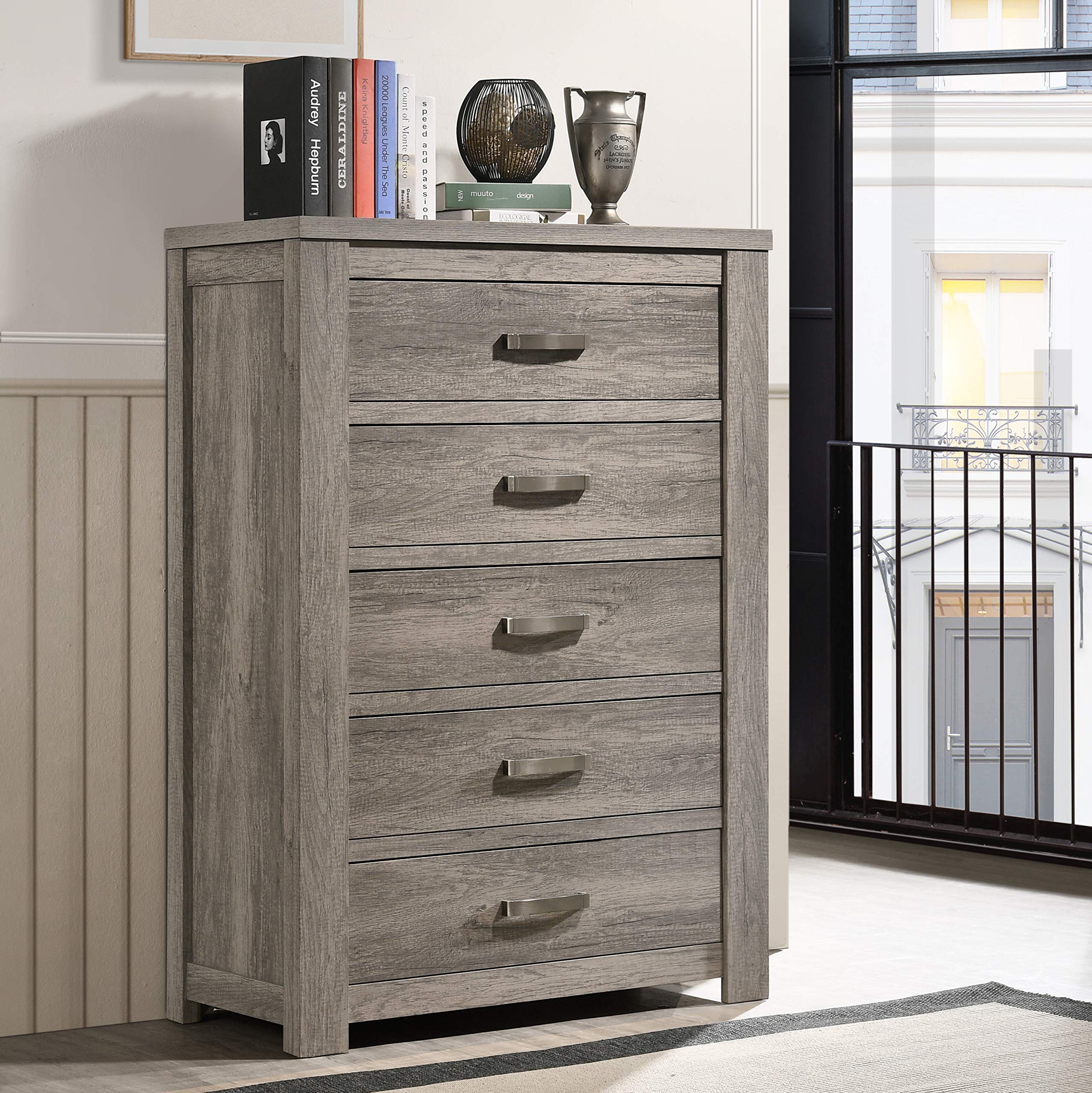 Roundhill Furniture Floren Contemporary Weathered Gray Wood Queen Bedroom Set - Panel Bed, Dresser, Mirror, Nightstand & Chest | Modern Farmhouse Style for Cozy Bedroom Decor