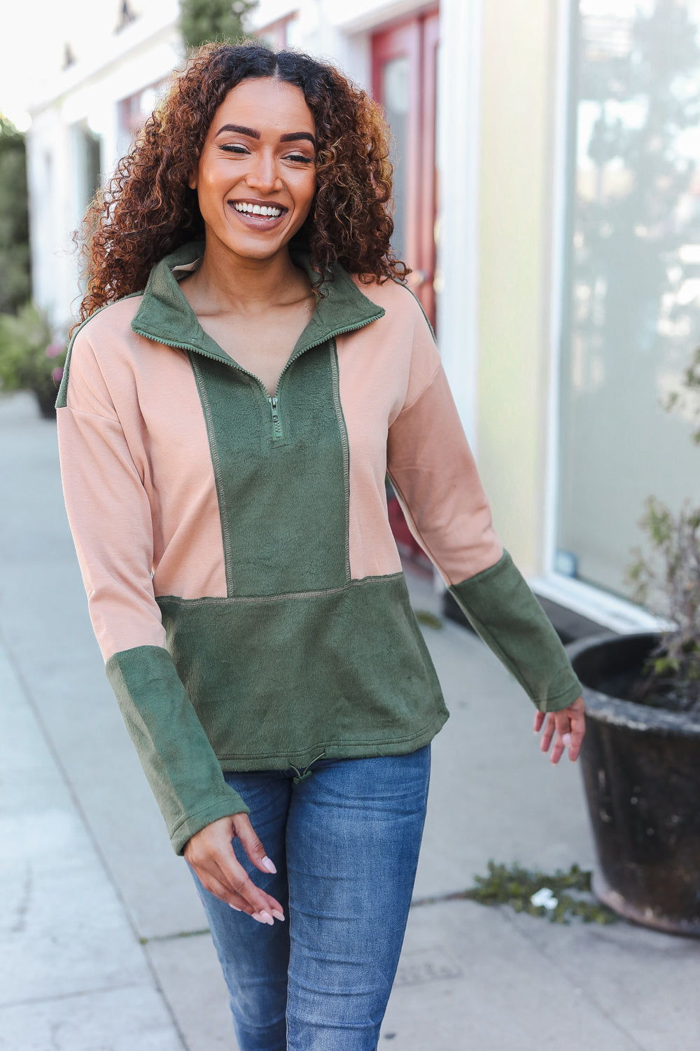 Cozy Holiday Vibes Taupe & Green Fleece Zip-Up Hoodie with Cinched Hem - Perfect for Winter Outfits, Christmas Gifts & Casual Loungewear