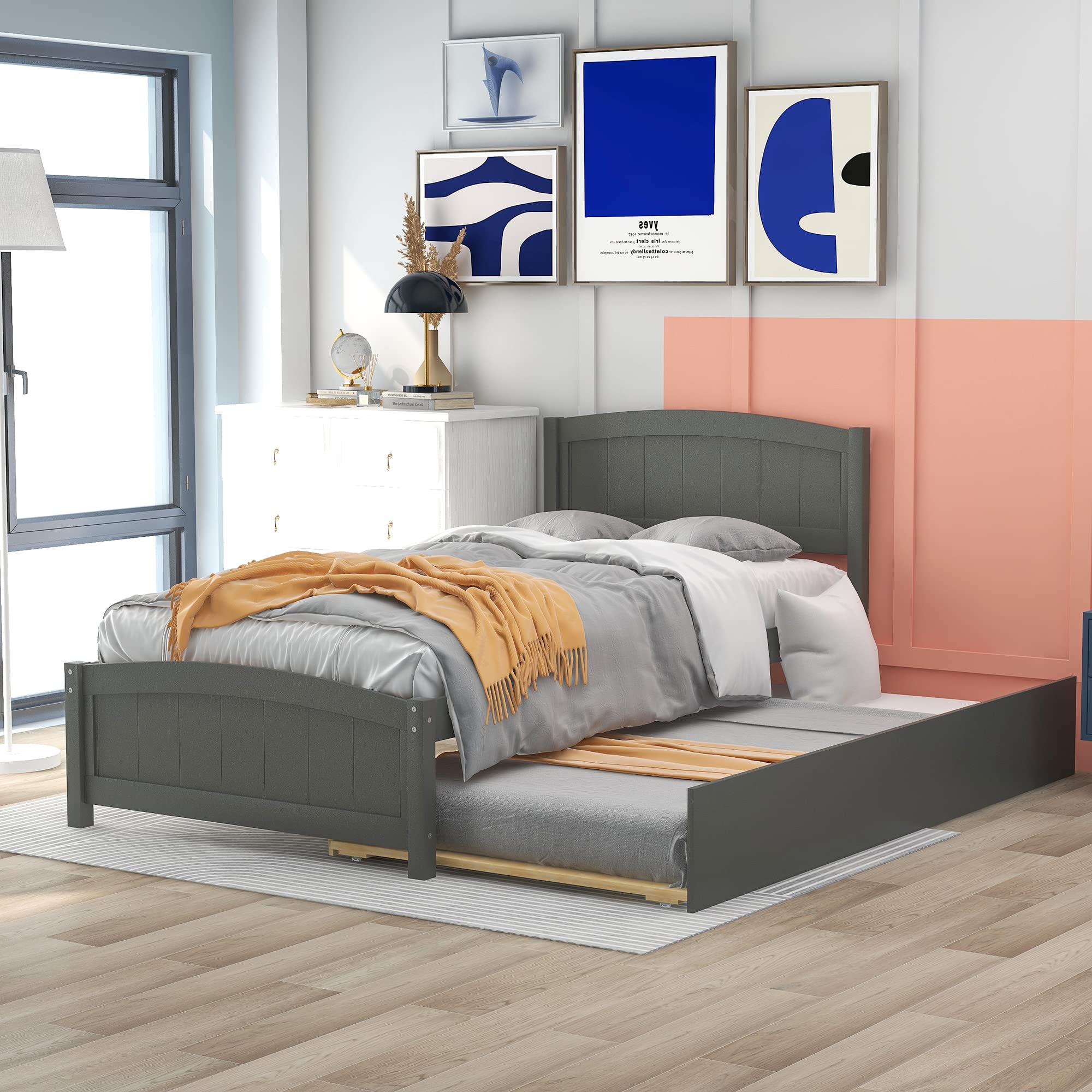 Minimalist Twin Platform Bed with Trundle - Solid Wood Bed Frame, Easy Assembly in Gray - Perfect for Small Bedrooms, Guest Rooms & Kids' Rooms