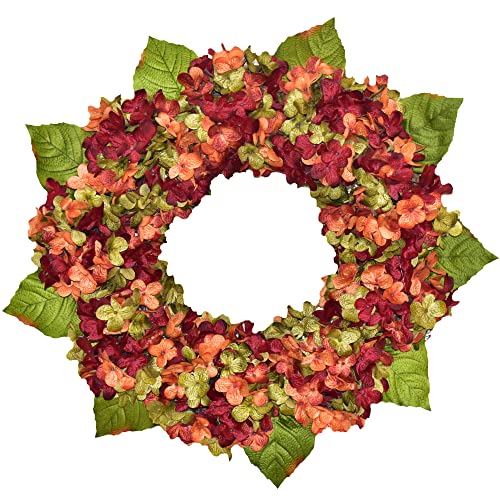 22 Inch Marbled Hydrangea Fall Wreath - Thanksgiving Front Door Decor, Summer Porch Decoration in Red Orange Green - Perfect for Seasonal Home Decor & Holiday Door Hanging