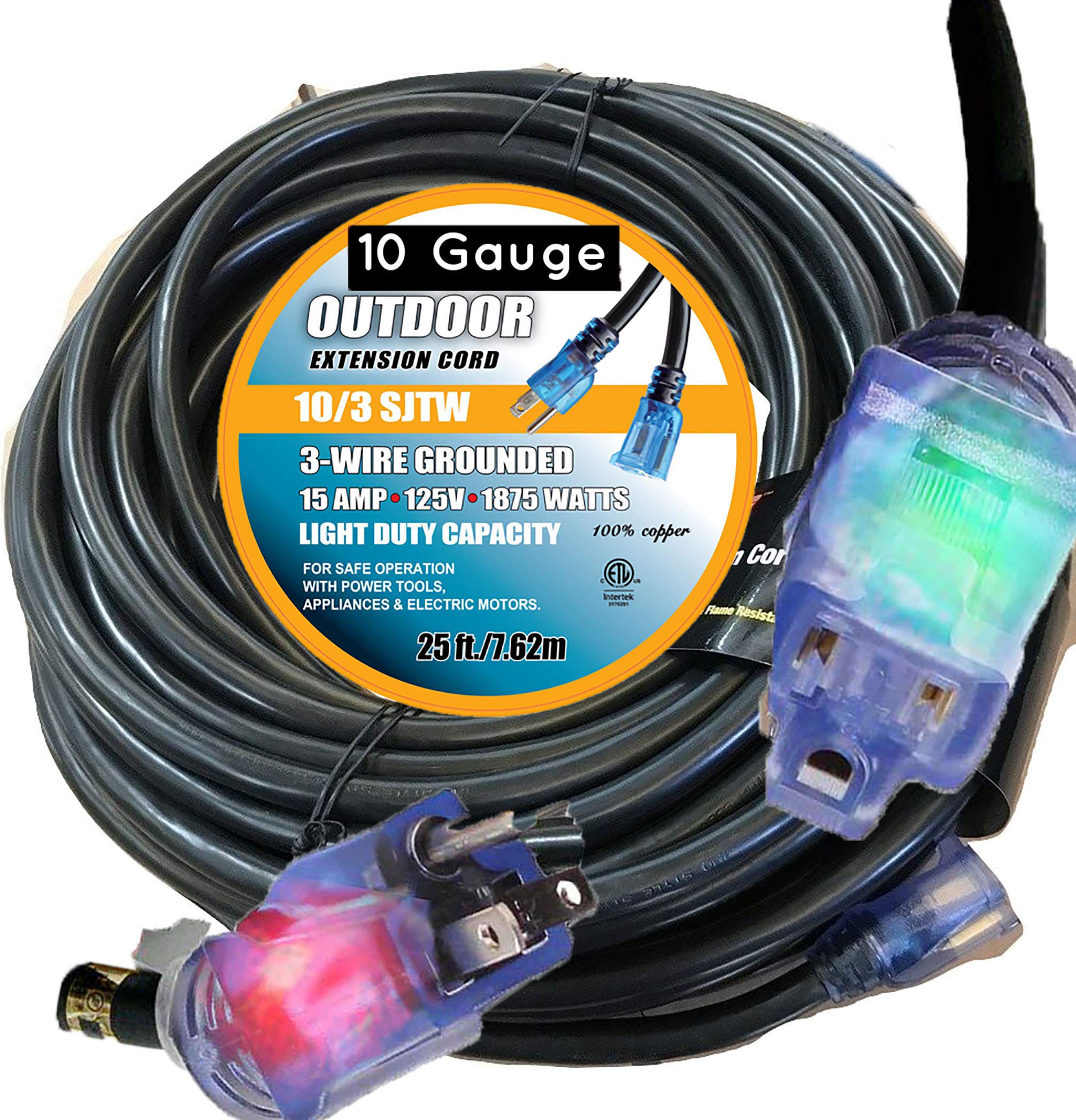 25ft 10/3 Heavy Duty Contractor Grade Extension Cord - 10 Gauge Power Cable with Lighted Ends, Black - Perfect for Job Sites, Workshops & Outdoor Power Tools