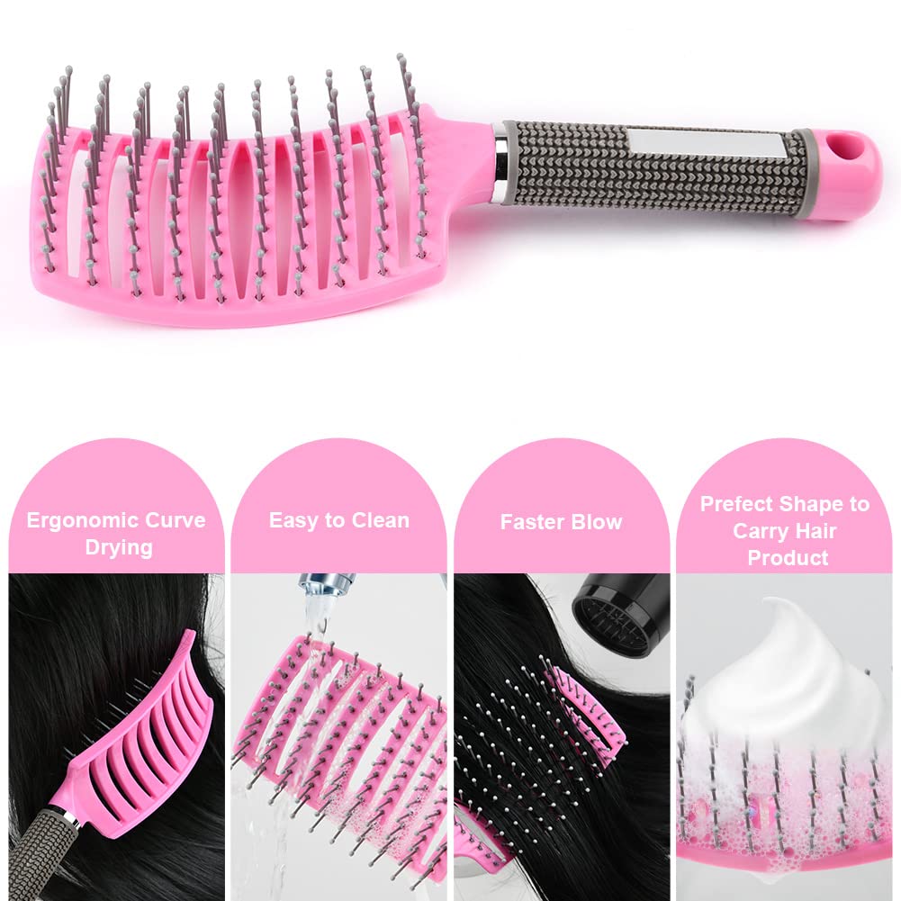 AOOWU Detangling Hair Brush for Long Thick Curly Hair - Soft Massage Paddle Hairbrush for Men & Women - Reduces Hair Breakage & Damage - Perfect for Daily Styling, Salon Use & Travel (Pink)