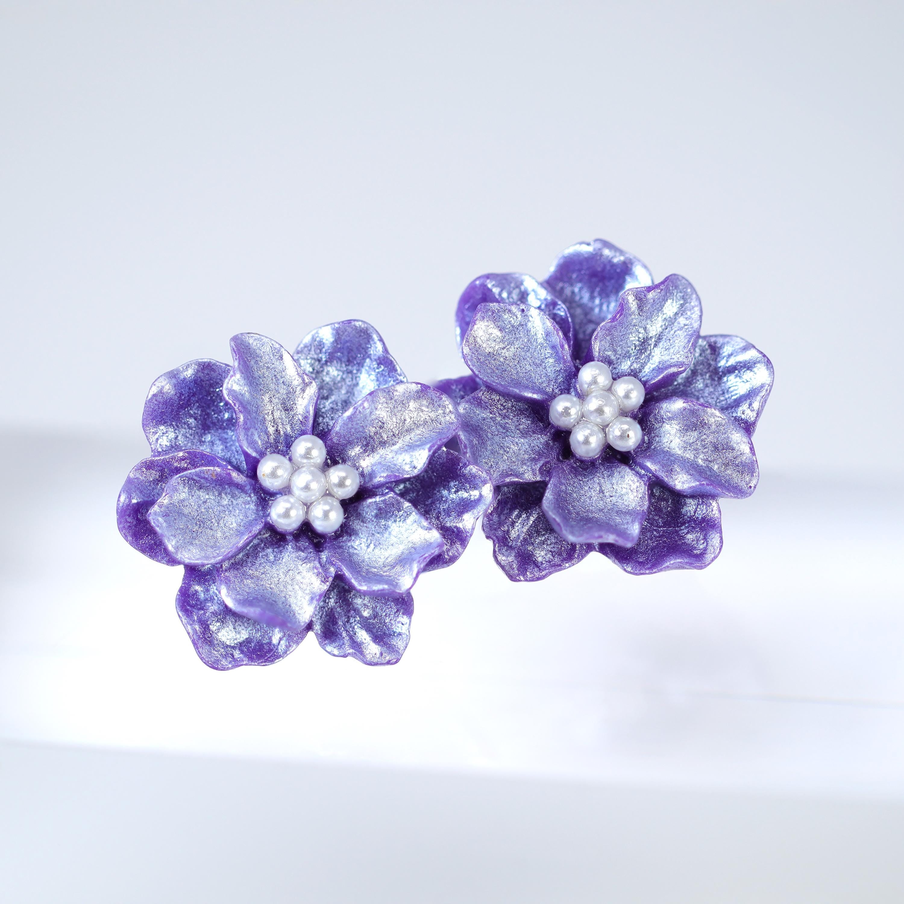 Elegant Purple Flower Pearl Earrings for Women - Bridal Jewelry, Wedding Stud Earrings, Bridesmaid Gifts, Statement Earrings for Special Occasions - Perfect for Weddings, Parties, and Formal Events