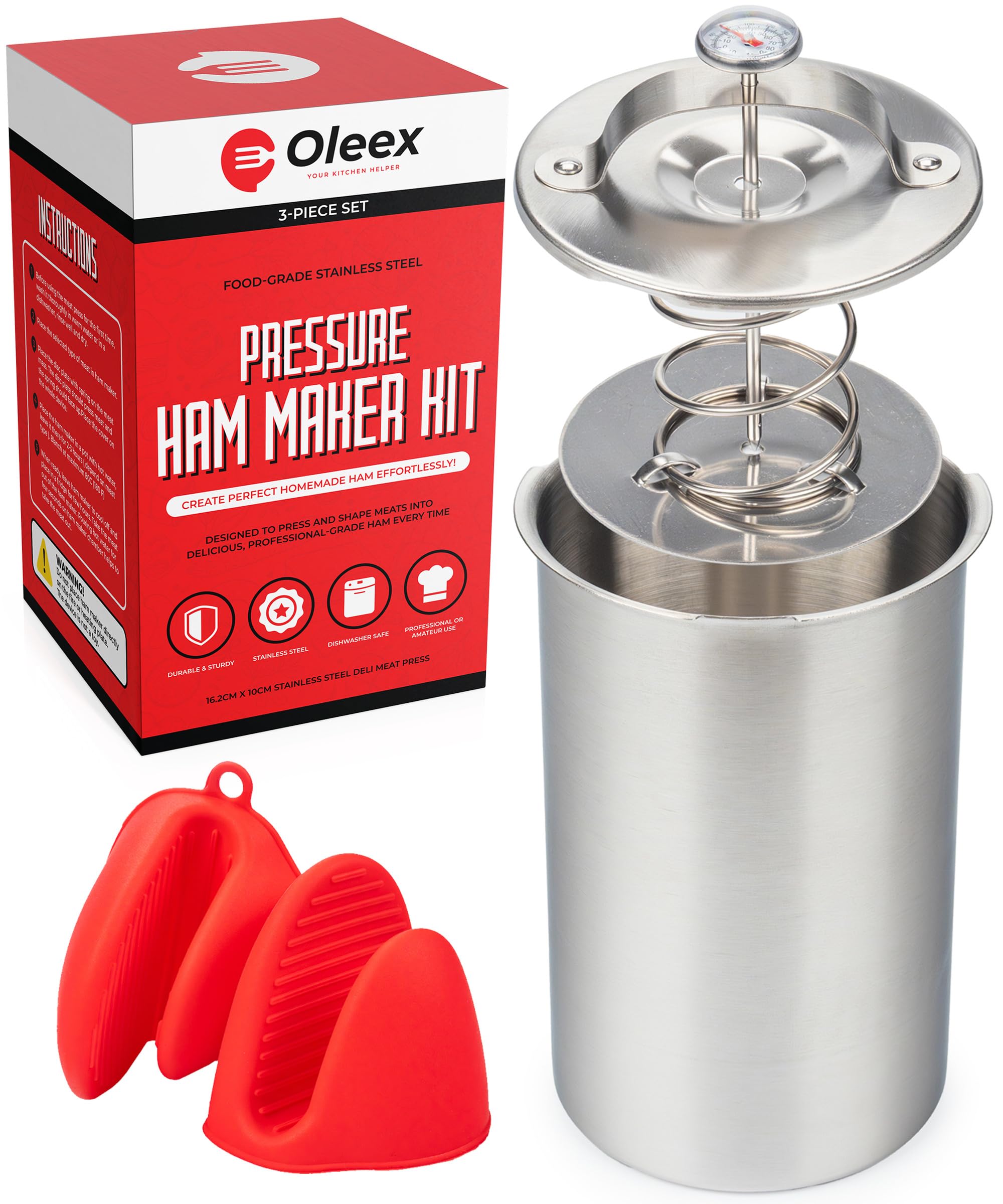 Oleex Stainless Steel Lunch Meat Press Mold - Deli Meat & Ham Maker with Cooking Thermometer & Silicone Mittens - Perfect for Homemade Sandwiches, Charcuterie Boards, and Meal Prep - Heavy Duty Kitchen Tool for Chefs & Home Cooks