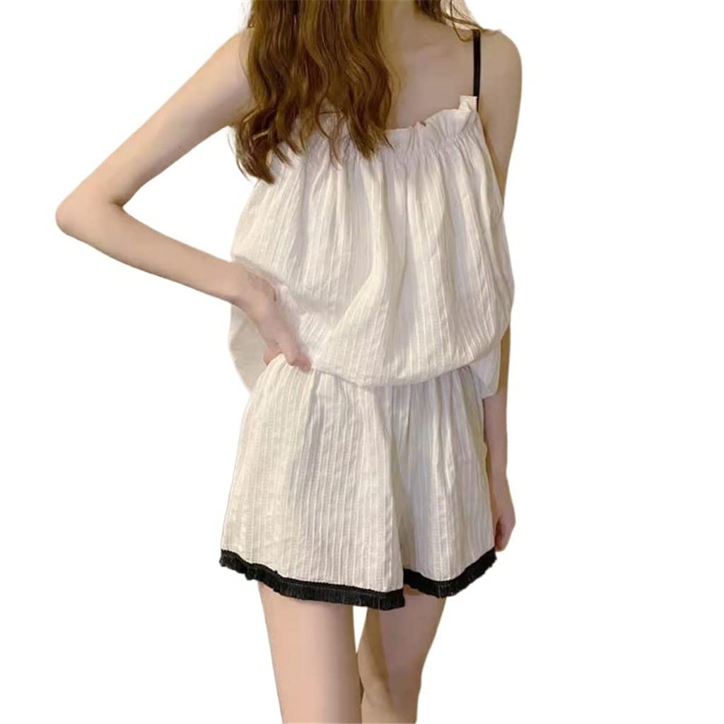 Women's Cute Spaghetti Strap Pajama Set - Patchwork Shorts & Loose Sleepwear for Cozy Nights (White, Small) | Perfect for Lounging, Sleepovers & Relaxing at Home