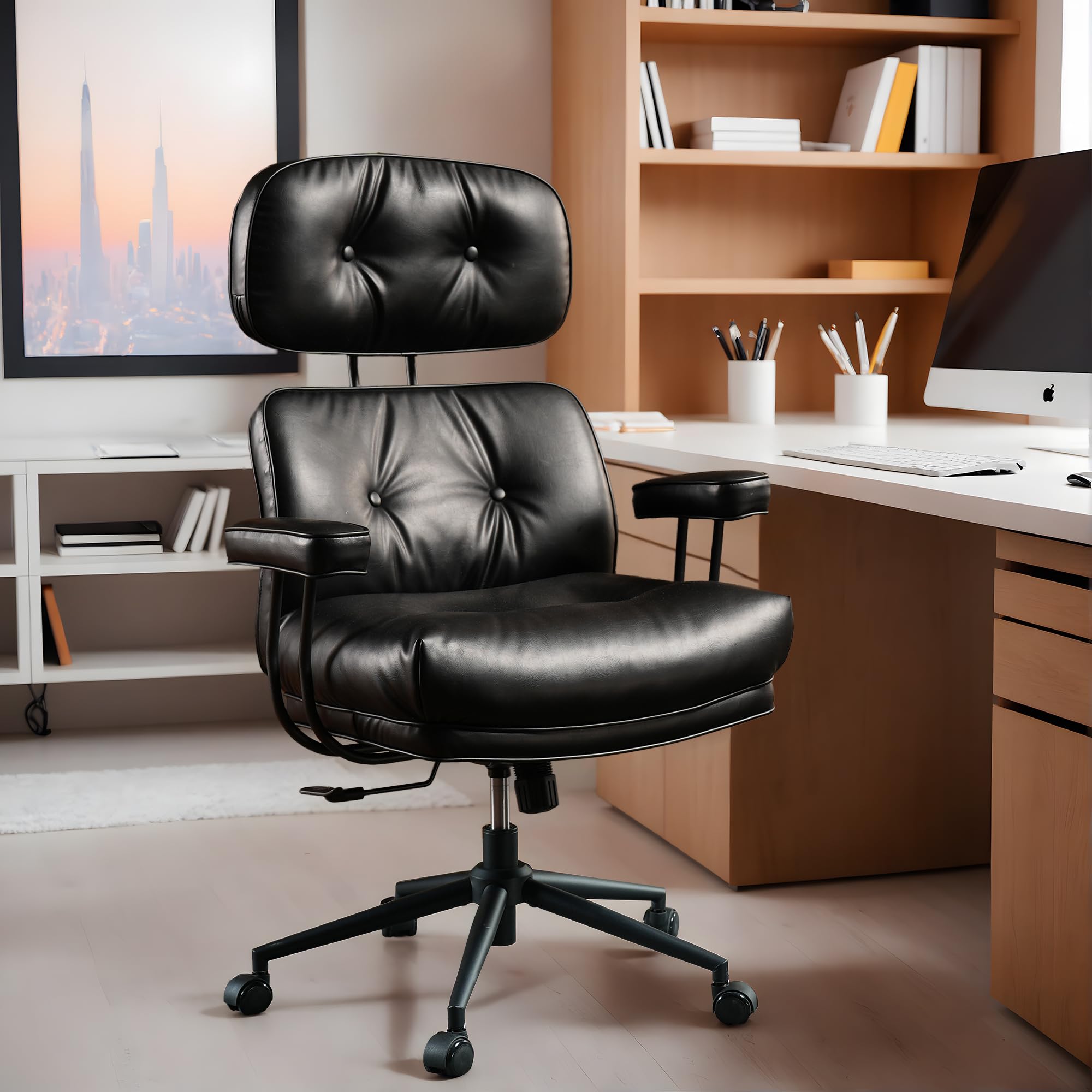 Premium High Back Executive Office Chair - Ergonomic PU Leather Desk Chair with Lumbar Support & Deep Seat for Big and Tall Users, Black | Ideal for Home Office, Gaming & Professional Workspaces