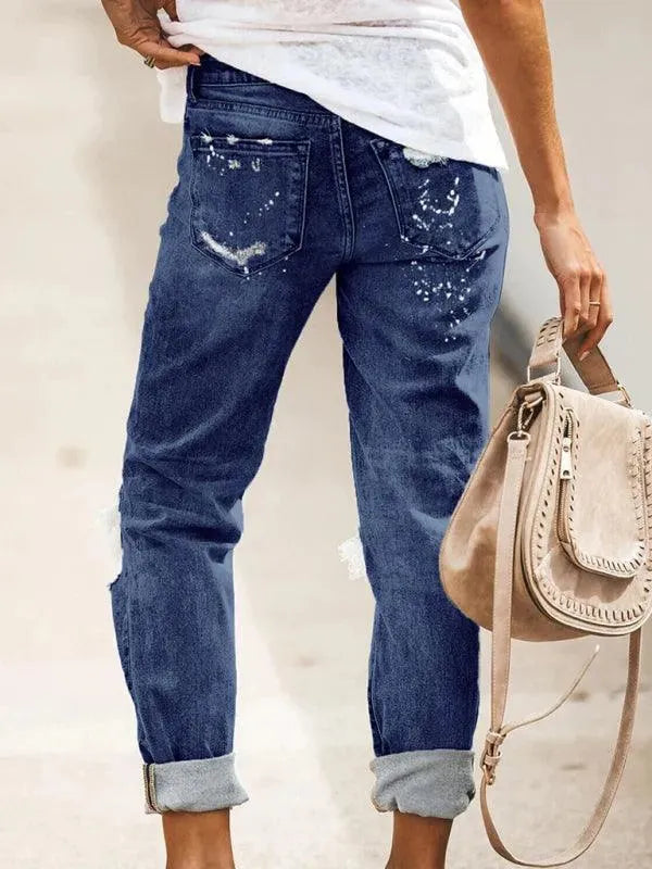 Women's Ripped Straight Leg Jeans - High Waist Distressed Denim Pants for Casual Wear & Street Style Outfits