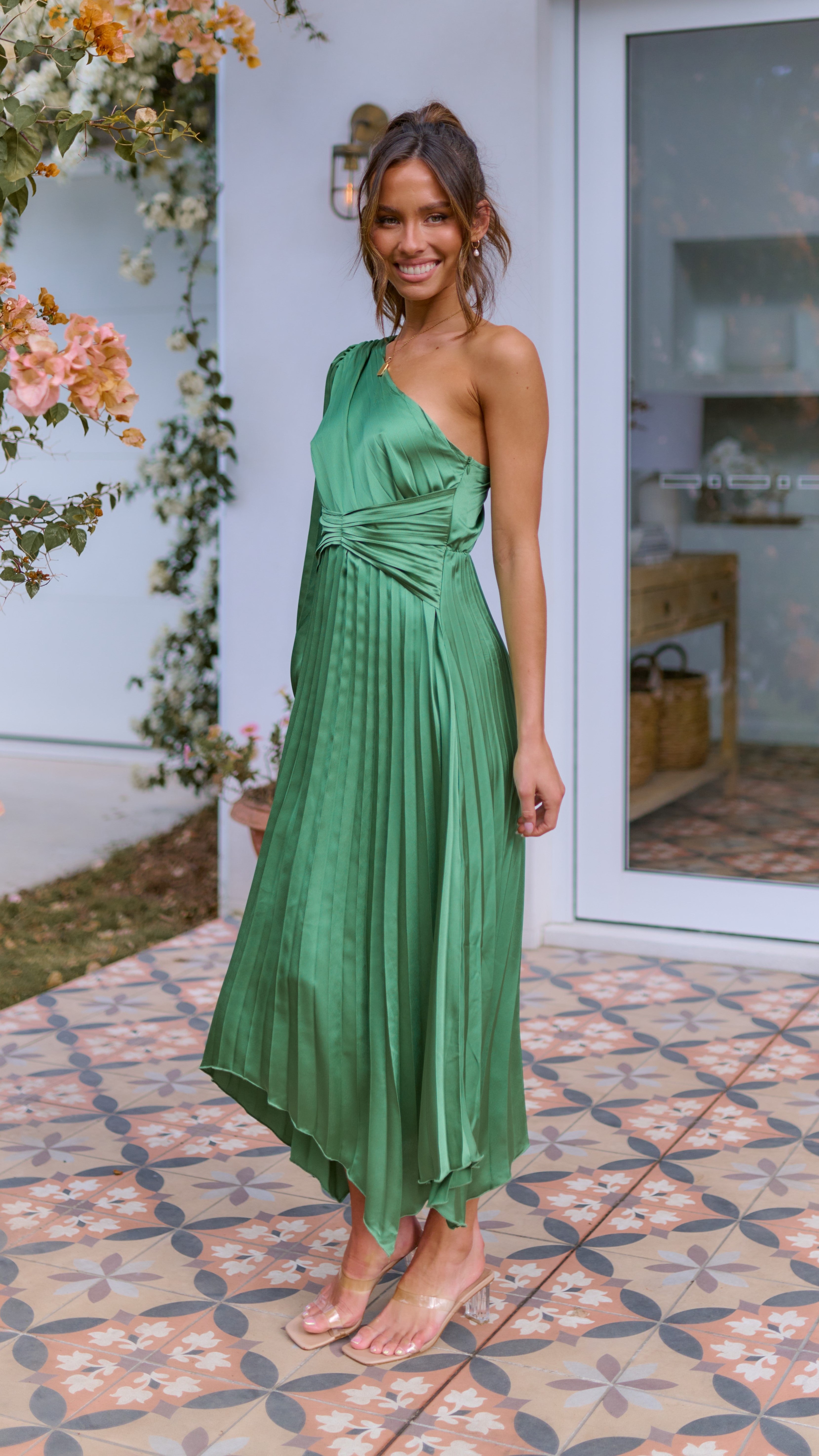 Brooklyn One Shoulder Midi Dress in Green - Elegant Summer Cocktail Party & Wedding Guest Dress