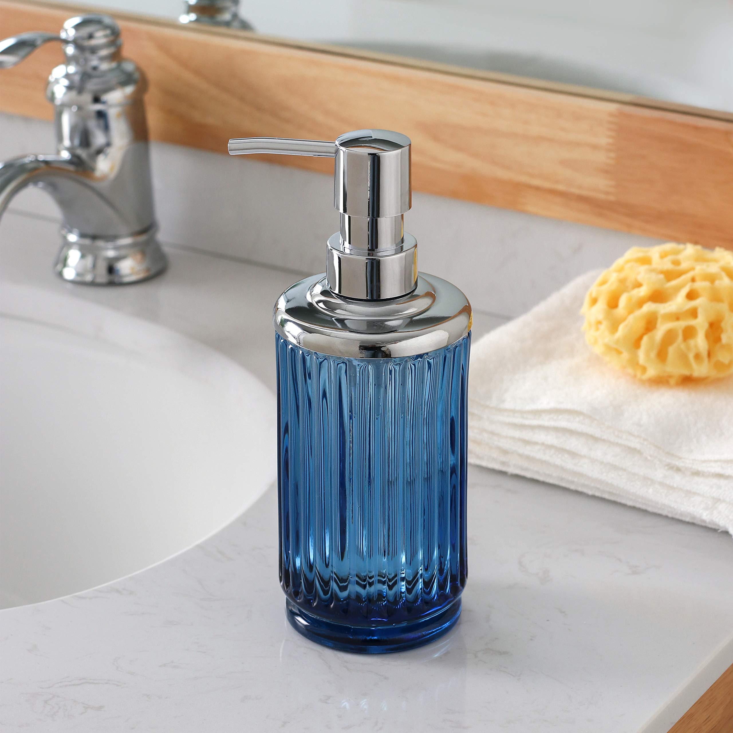 4-Piece Heavyweight Blue Glass Bathroom Accessories Set with Decorative Pressed Pattern - Includes Soap Dispenser, Toothbrush Holder, Soap Dish & Tumbler in Cobalt Blue | Modern Bathroom Decor for Home, Hotel & Spa Use